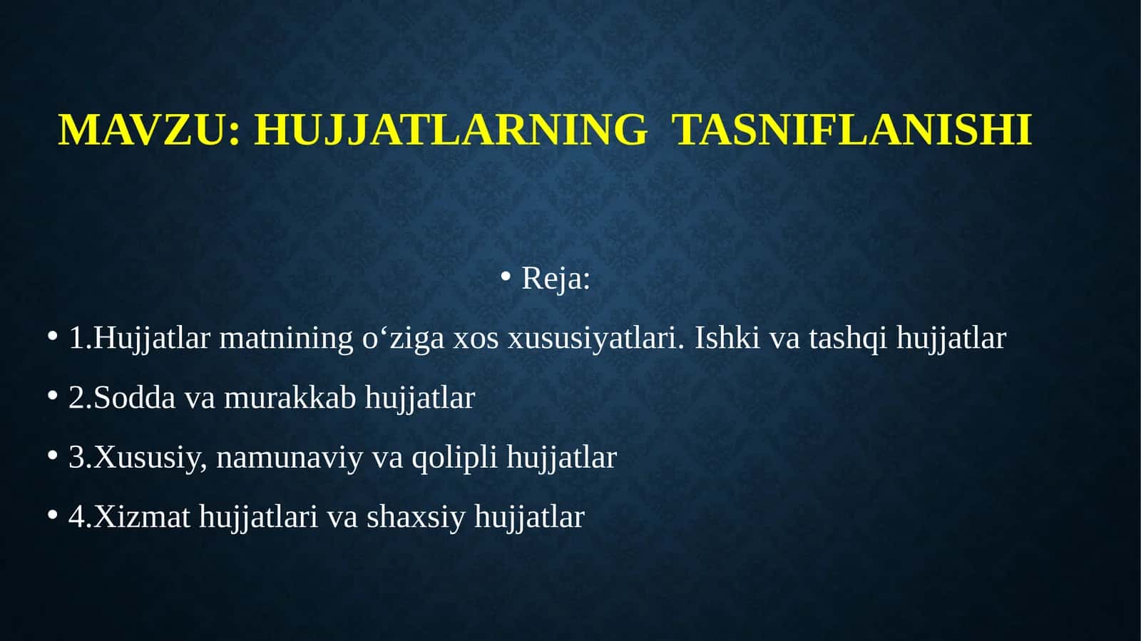 Hujjatlarning tasniflanishi mavzusidagi ajoyib prezentatsiya