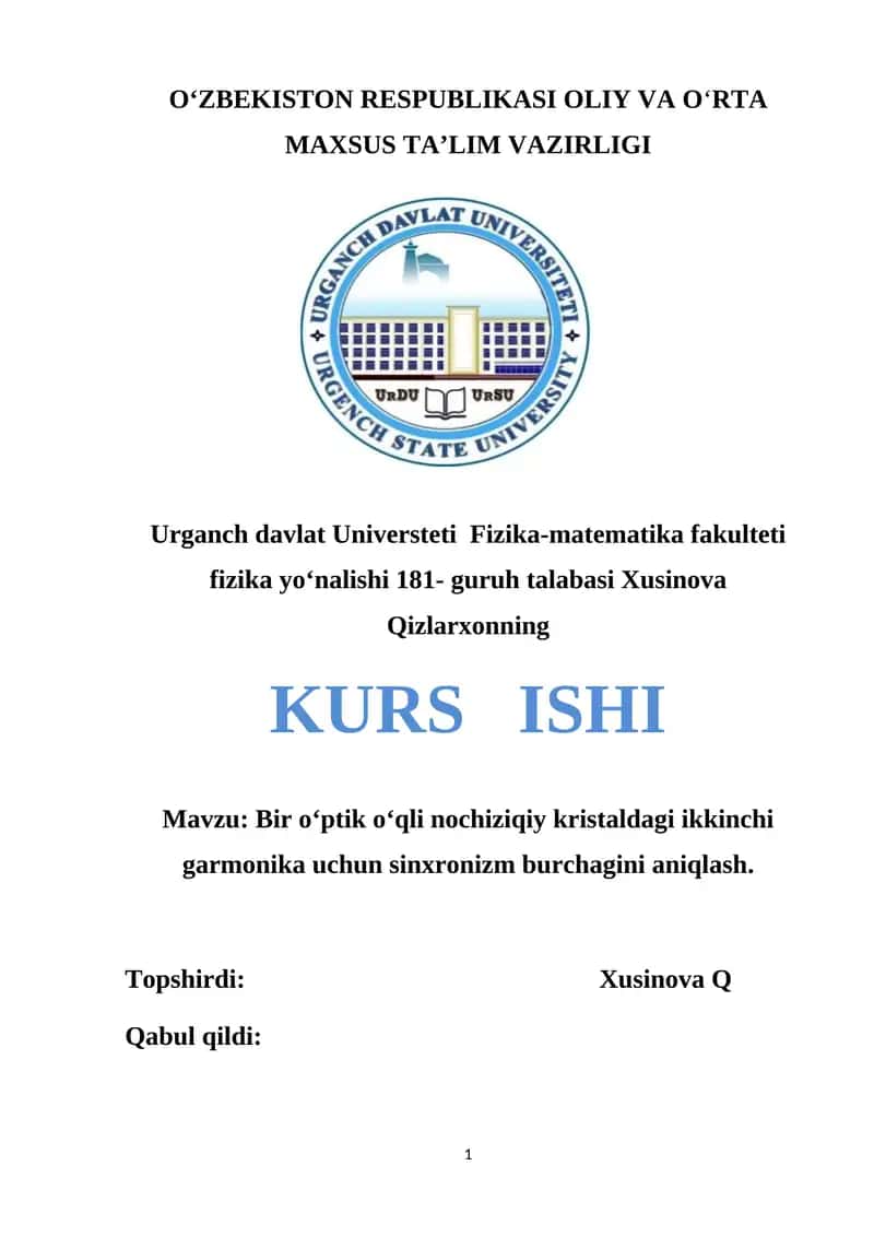 Bir o‘ptik o‘qli nochiziqiy kristaldagi ikkinchi garmonika uchun sinxronizm burchagini aniqlash