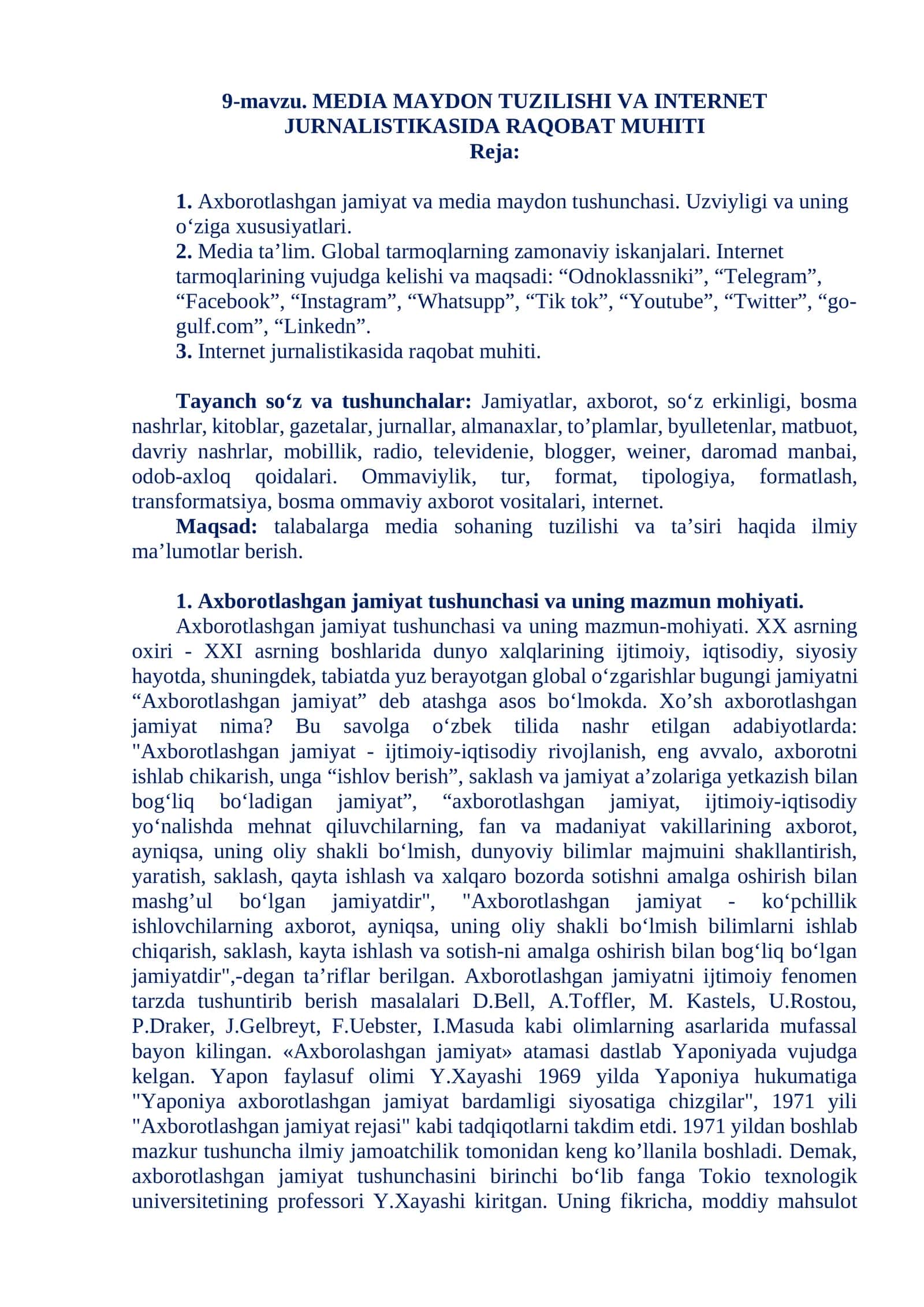 MEDIA MAYDON TUZILISHI VA INTERNET JURNALISTIKASI
