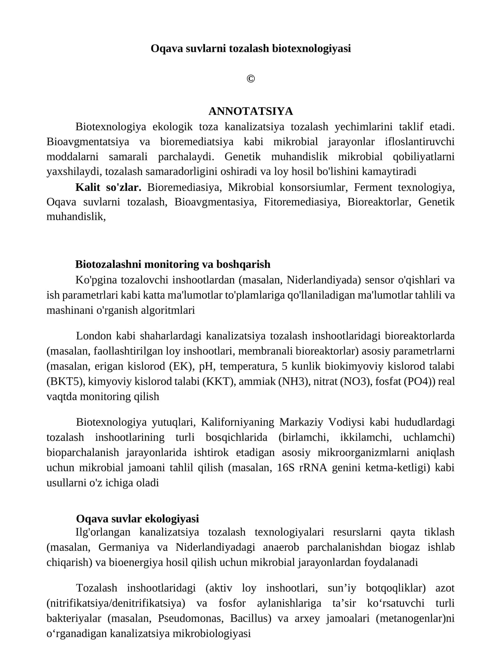Oqava suvlarni tozalash biotexnologiyasi
