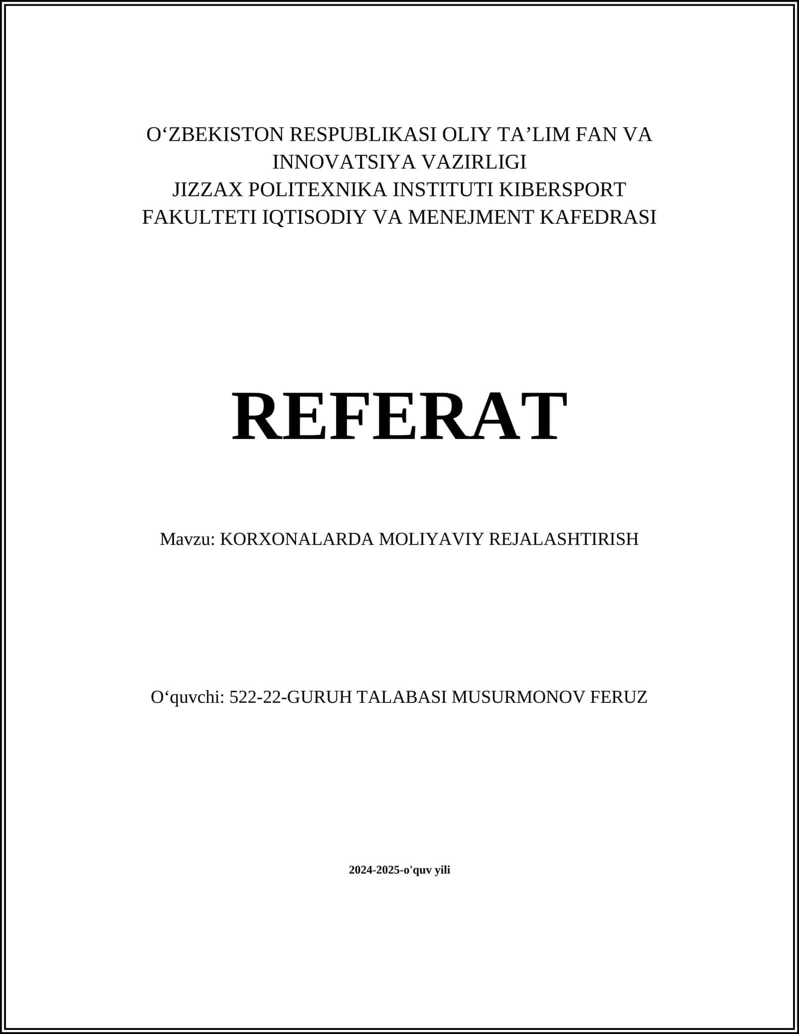 KORXONALARDA MOLIYAVIY REJALASHTIRISH
