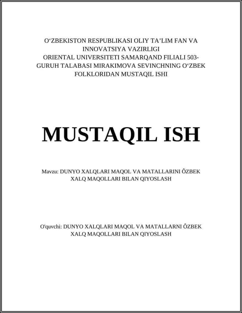DUNYO XALQLARI MAQOL VA MATALLARINI ÔZBEK XALQ MAQOLLARI BILAN QIYOSLASH