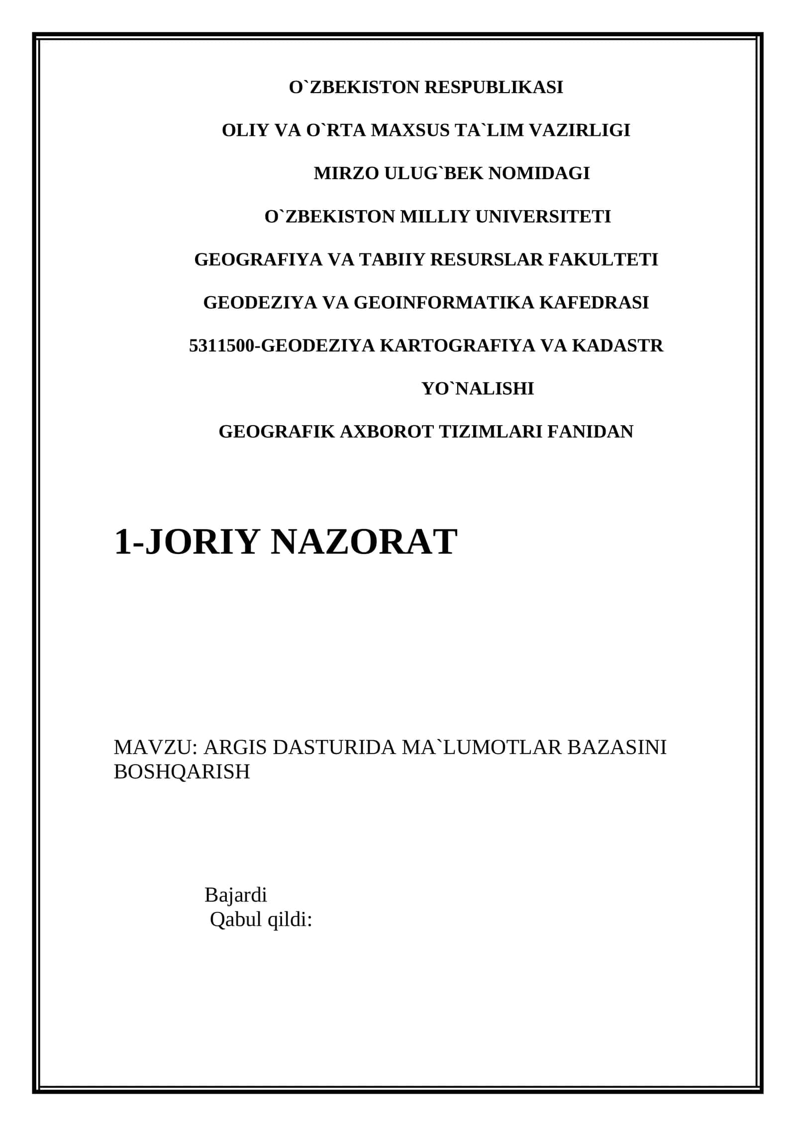 ARGIS DASTURIDA MA`LUMOTLAR BAZASINI BOSHQARISH