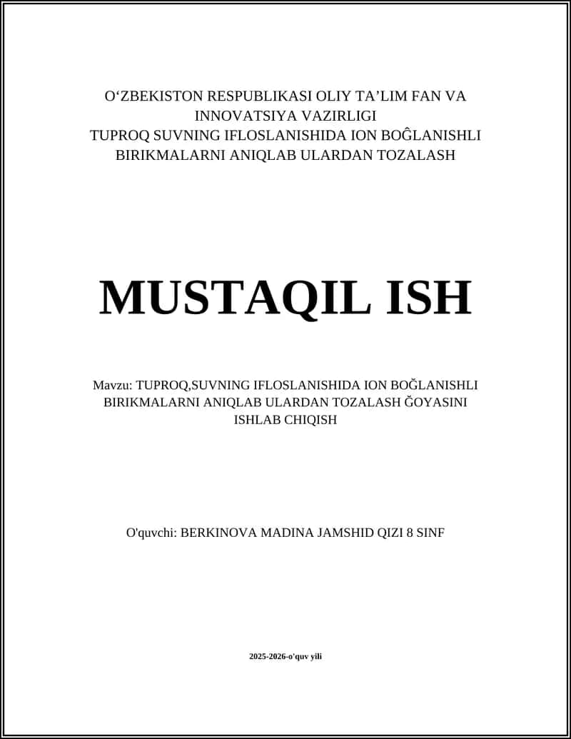 Tuproq va suv namunalari uchun ion bog'lanishli birikmalarni olish va tayyorlash metodikasi