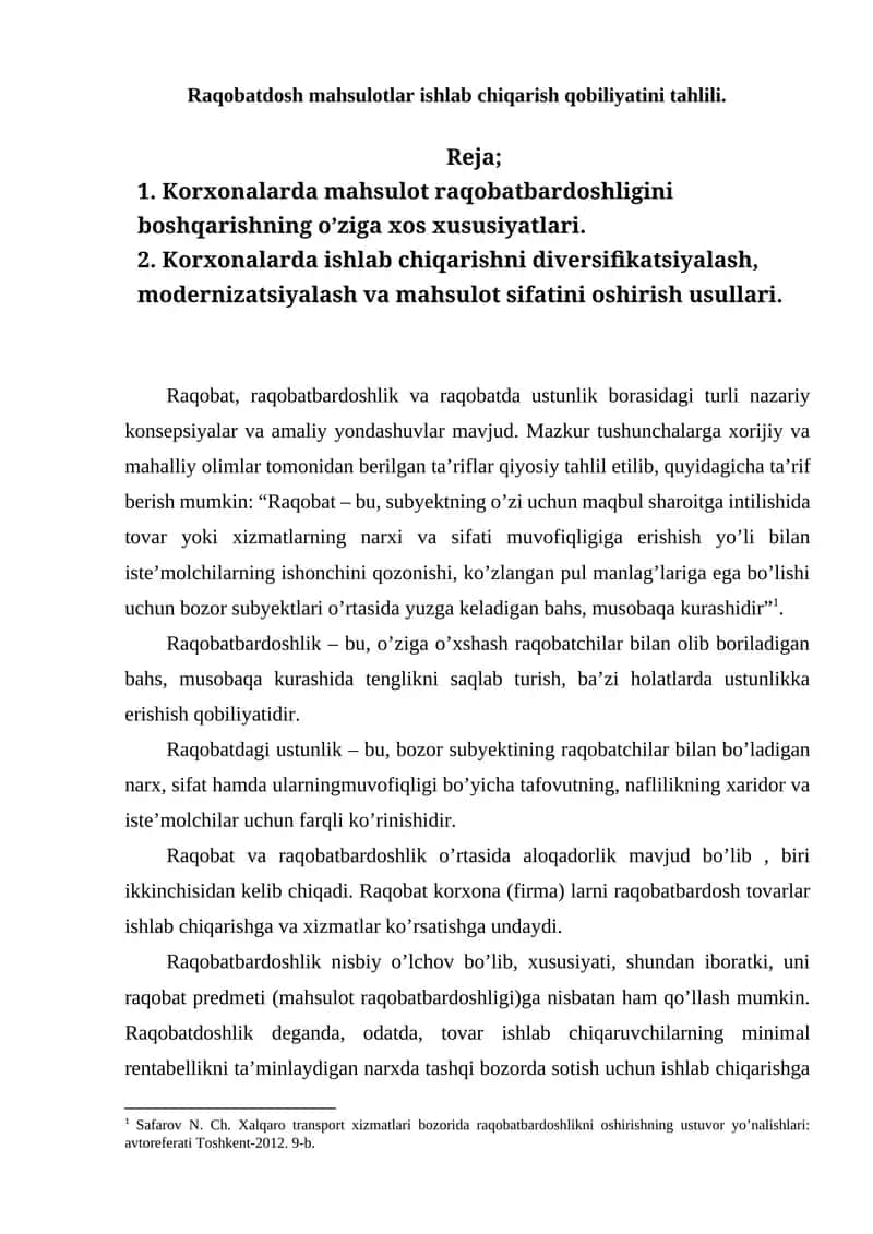 Raqobatdosh mahsulotlar ishlab chiqarish qobiliyatini tahlili