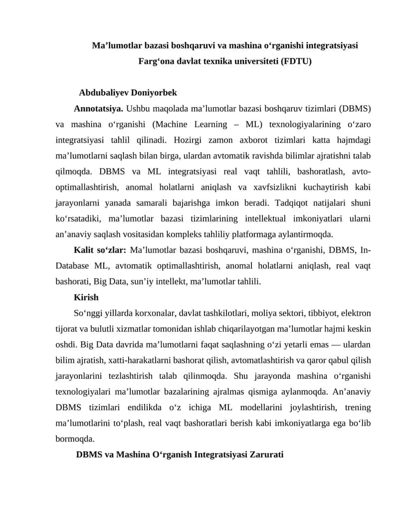 Ma’lumotlar bazasi boshqaruvi va mashina o‘rganishi integratsiyasi