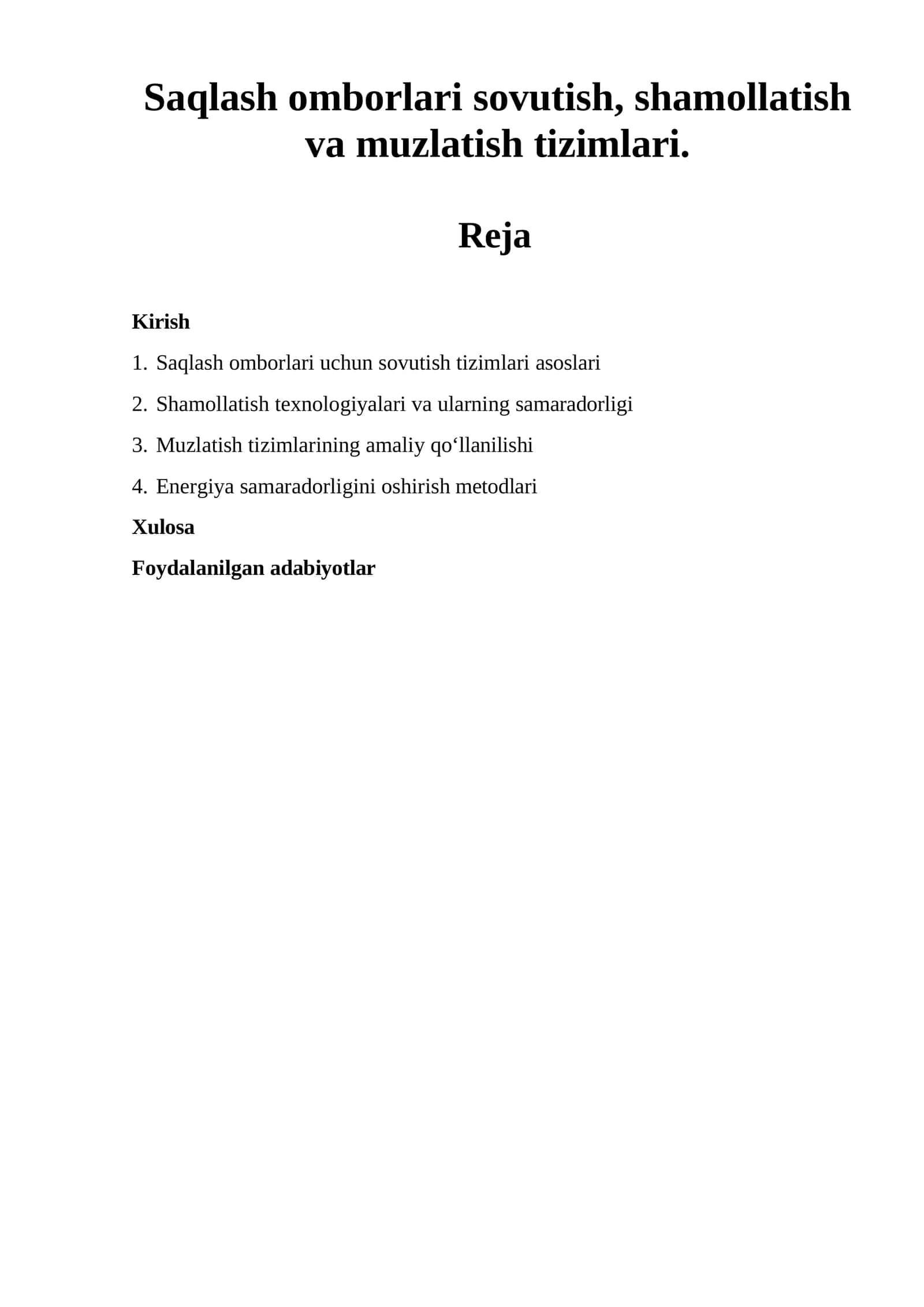 Saqlash omborlari sovutish, shamollatish va muzlatish tizimlari