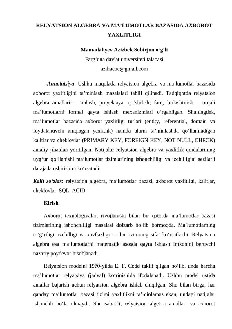 RELYATSION ALGEBRA VA MA’LUMOTLAR BAZASIDA AXBOROT YAXLITLIGI