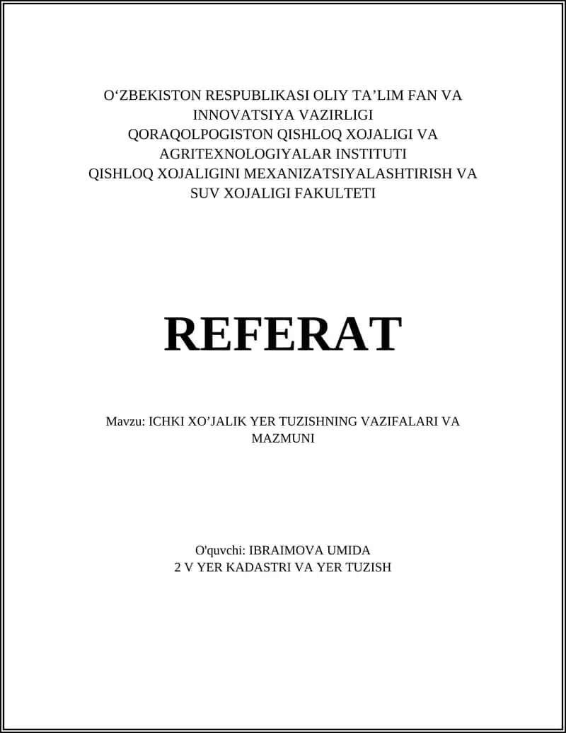 ICHKI XO’JALIK YER TUZISHNING VAZIFALARI VA MAZMUNI