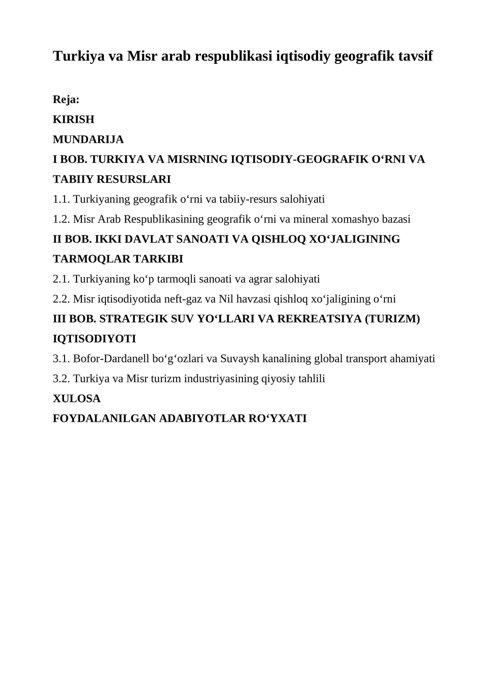 Turkiya va Misr arab respublikasi iqtisodiy geografik tavsif