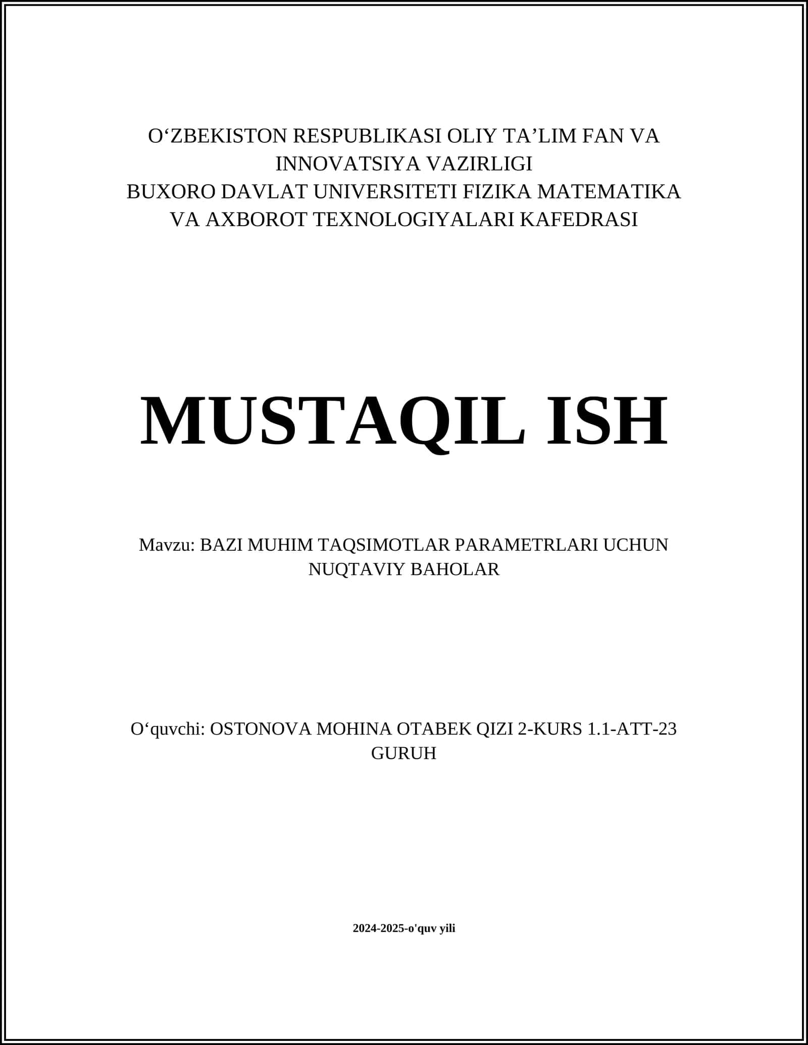 BAZI MUHIM TAQSIMOTLAR PARAMETRLARI UCHUN NUQTAVIY BAHOLAR