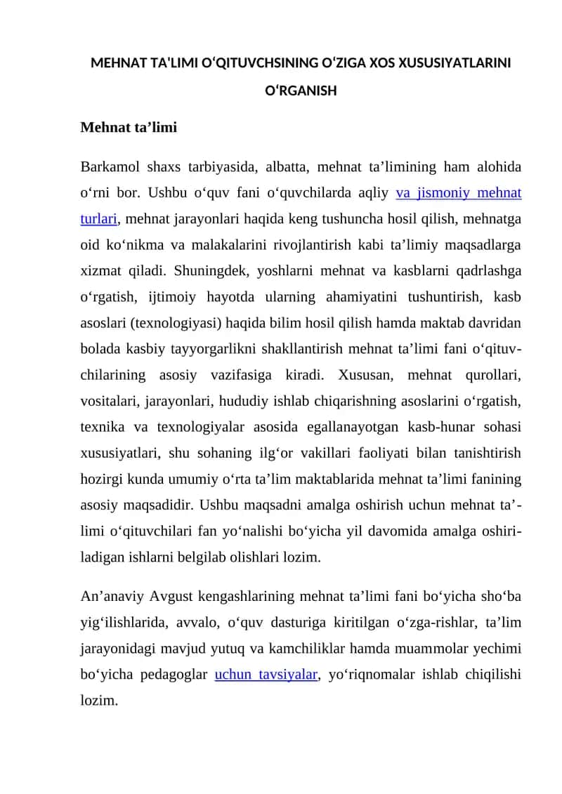 MEHNAT TA'LIMI OʻQITUVCHSINING OʻZIGA XOS XUSUSIYATLARINI OʻRGANISH