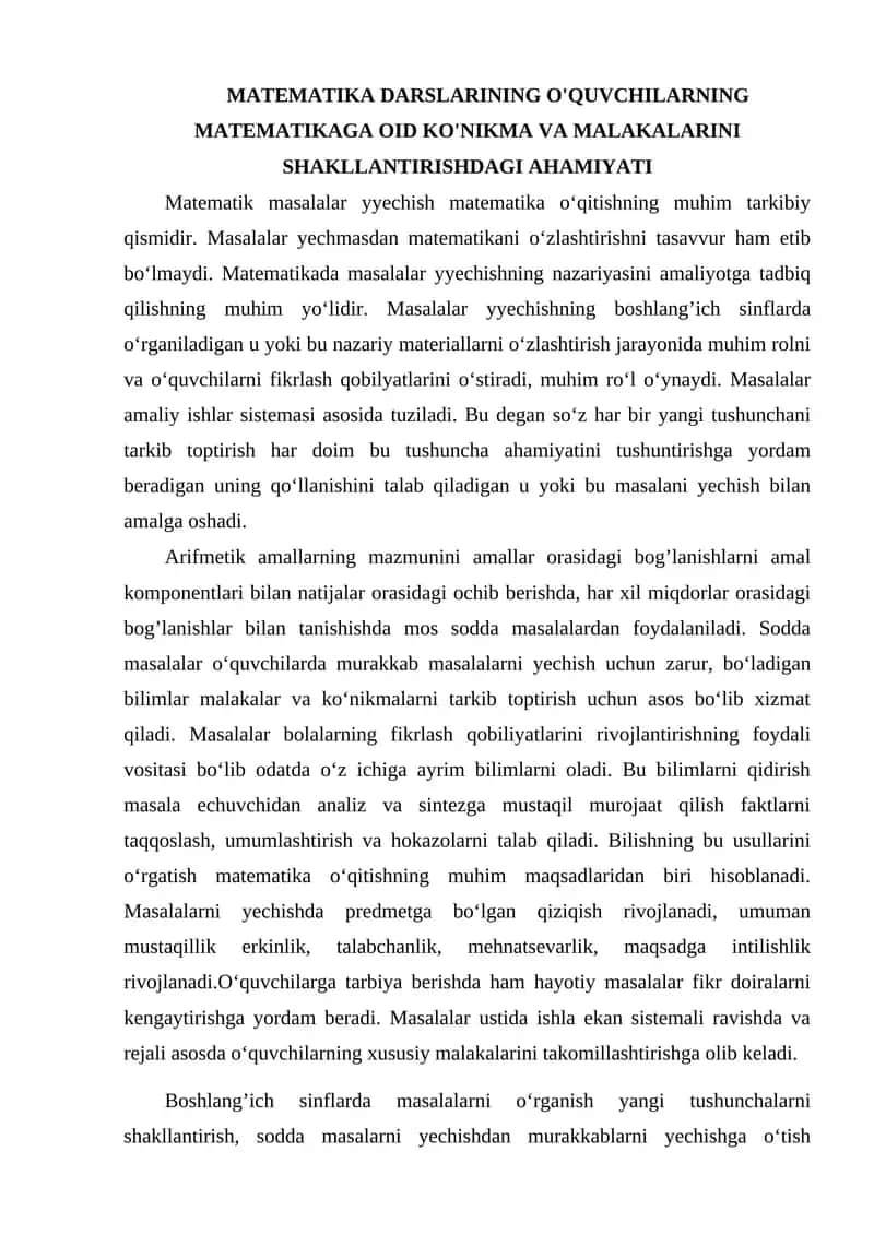 Matematika Darslarining O'quvchilarning Matematikaga oid Ko'nikma va Malakalarini Shakllantirishdagi Ahamiyati