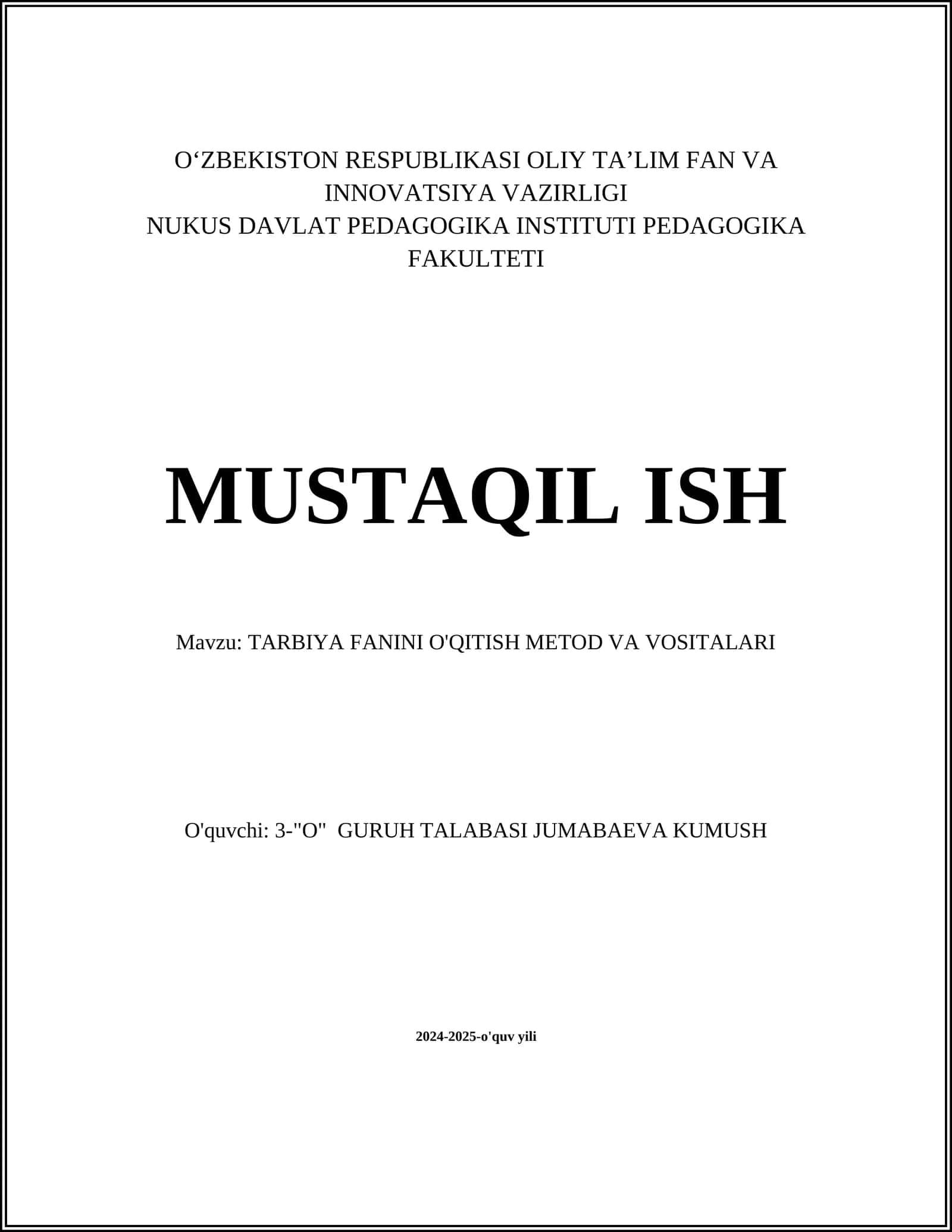 TARBIYA FANINI O'QITISH METOD VA VOSITALARI