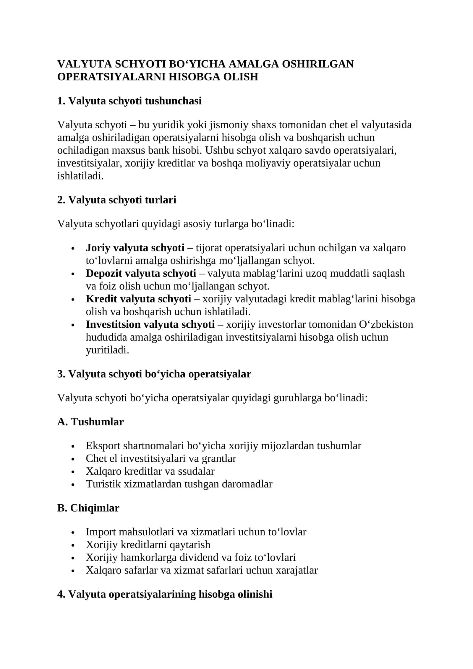 Valyuta schyoti bo‘yicha amalga oshirilgan operatsiyalarni hisobga olish
