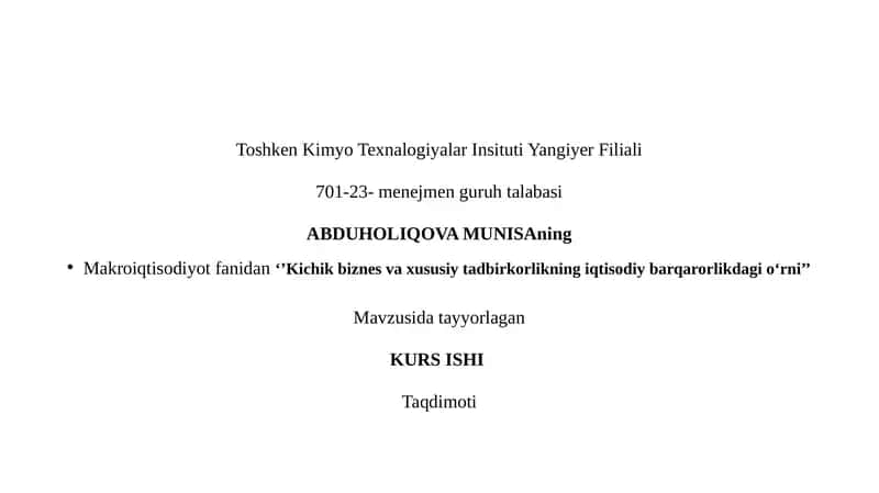 Kichik biznes va xususiy tadbirkorlikning iqtisodiy barqarorlikdagi o‘rni