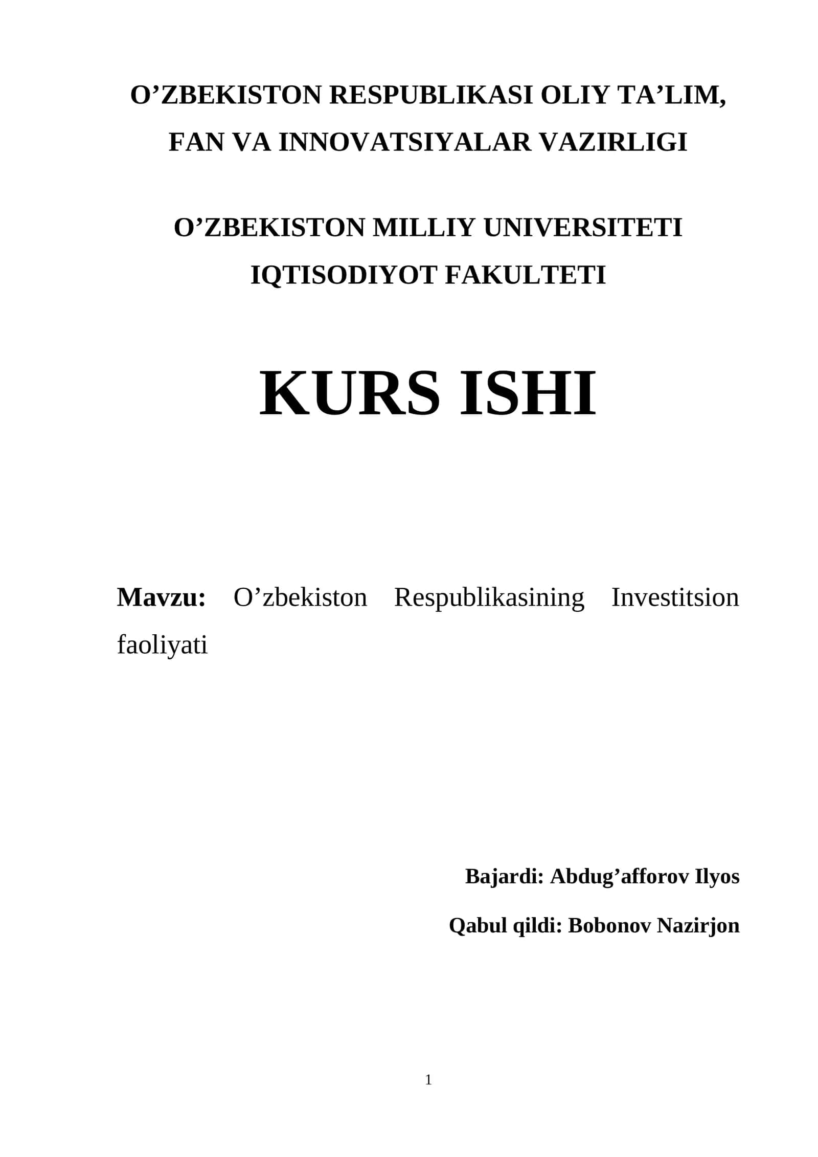 O’zbekiston Respublikasining Investitsion faoliyati