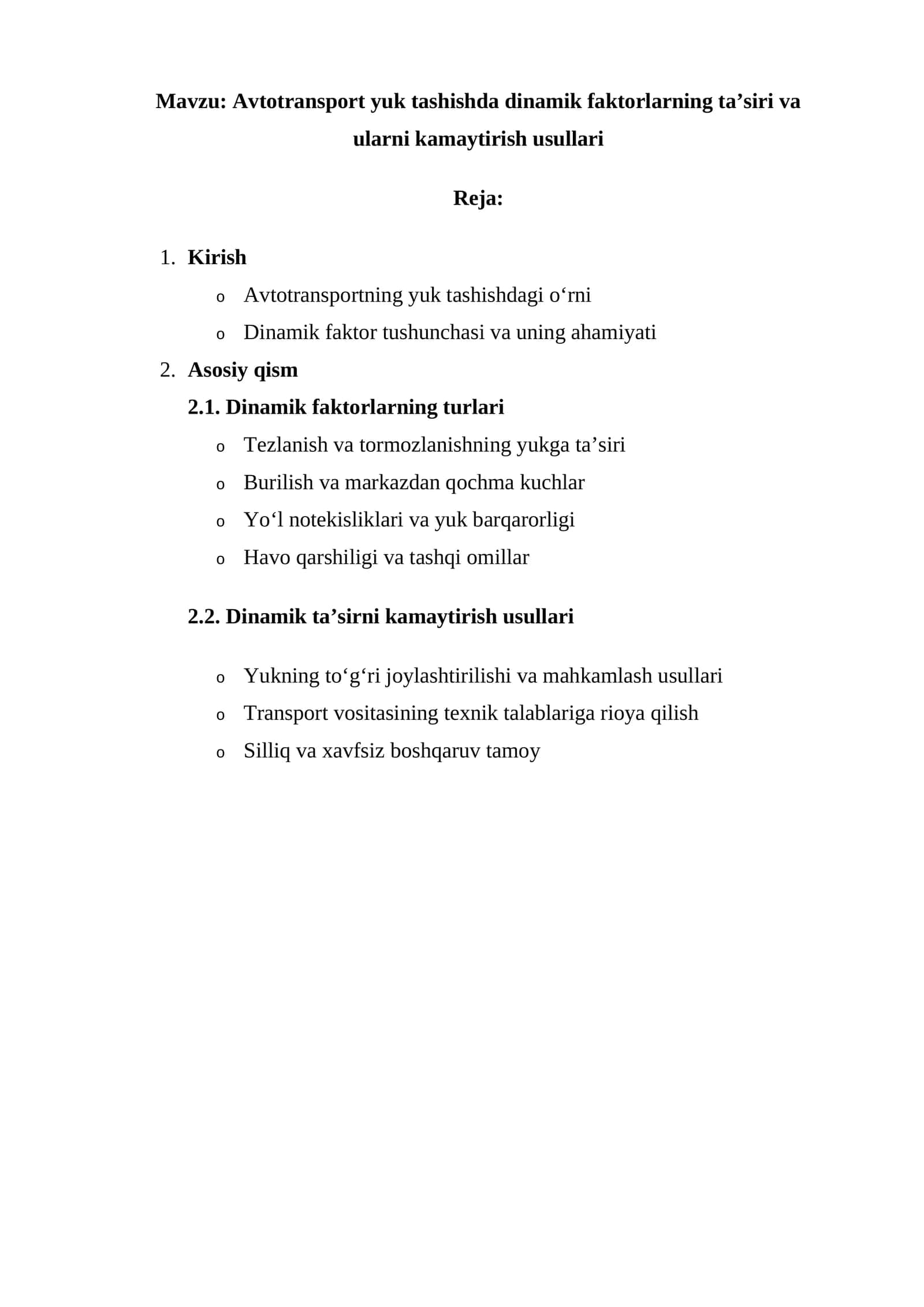 Avtotransport yuk tashishda dinamik faktorlarning ta’siri va ularni kamaytirish usullari