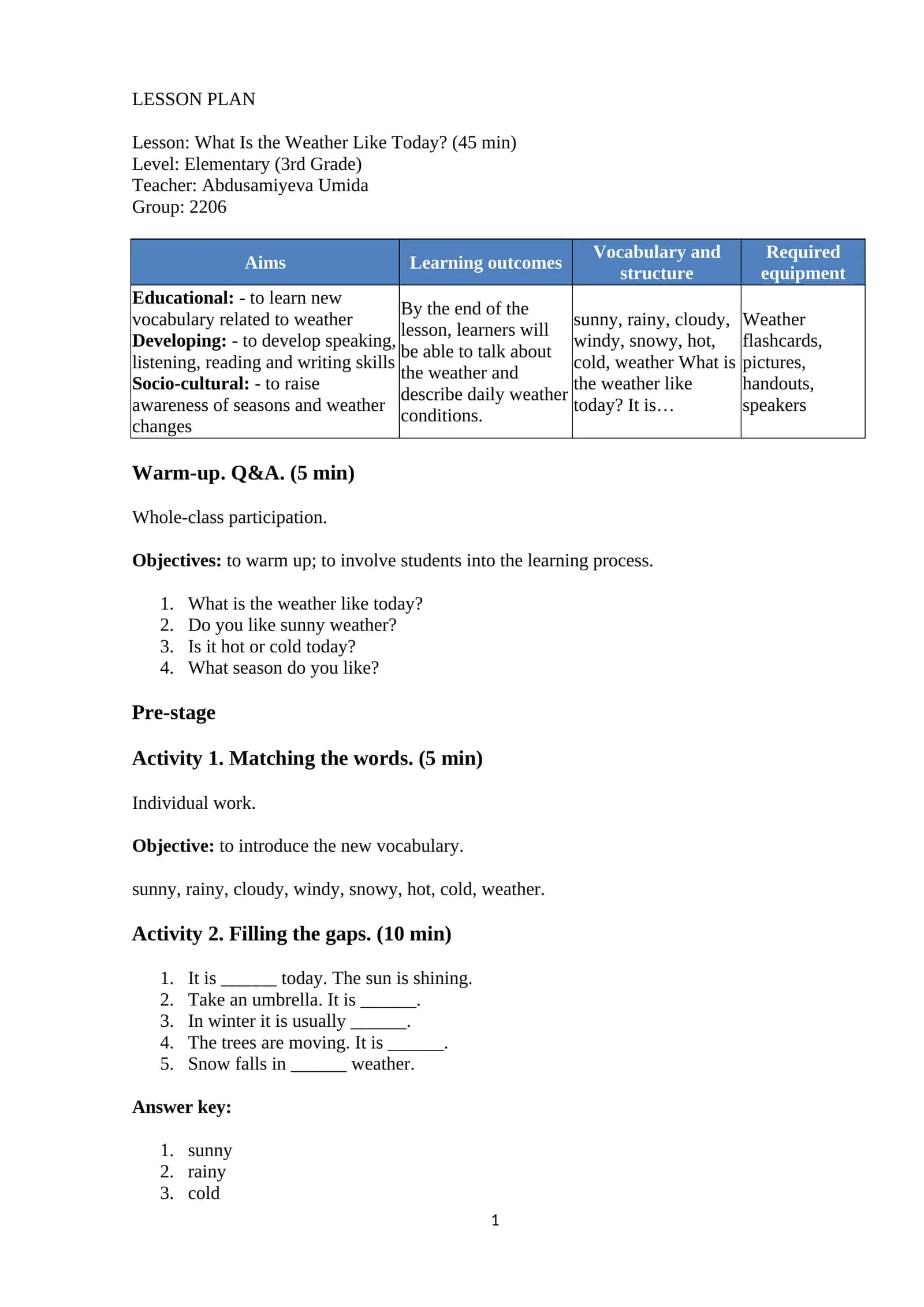 Lesson Plan: What Is the Weather Like Today? (Elementary)