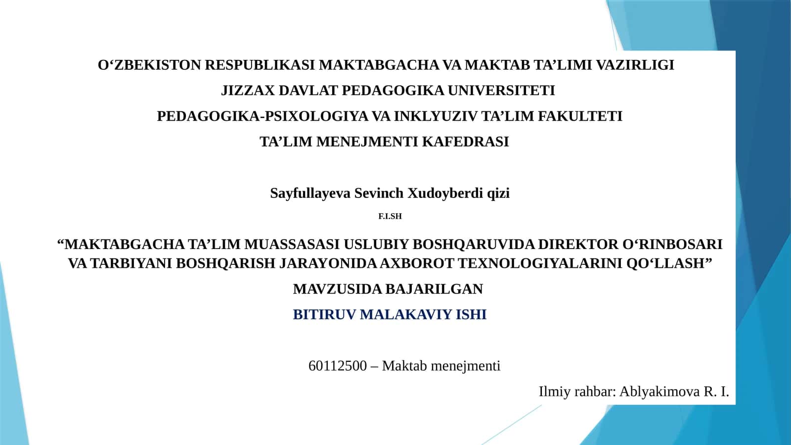 MAKTABGACHA TA’LIM MUASSASASI USLUBIY BOSHQARUVIDA DIREKTOR O‘RINBOSARI VA TARBIYANI BOSHQARISH JARAYONIDA AXBOROT TEXNOLOGIYALARINI QO‘LLASH
