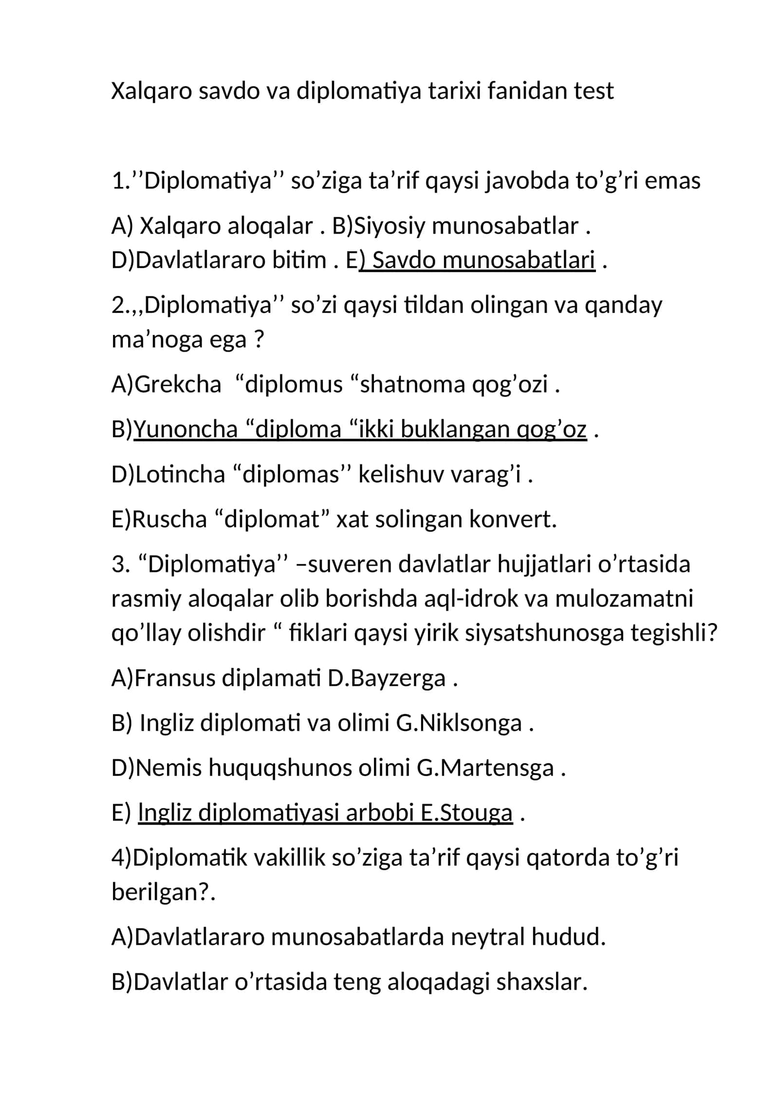 Xalqaro savdo va diplomatiya tarixi fanidan test