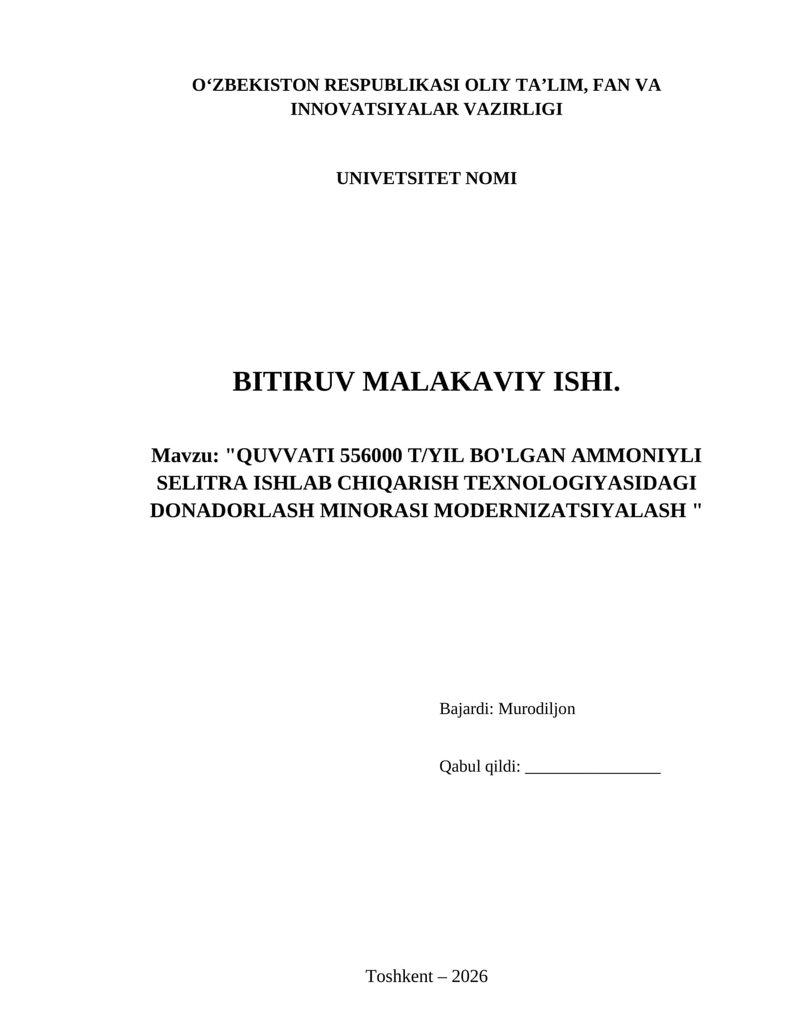 QUVVATI 556000 T/YIL BO'LGAN AMMONIYLI SELITRA ISHLAB CHIQARISH TEXNOLOGIYASIDAGI DONADORLASH MINOR