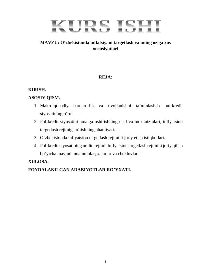 O‘zbekistonda inflatsiyani targetlash va uning oziga xos xususiyatlari