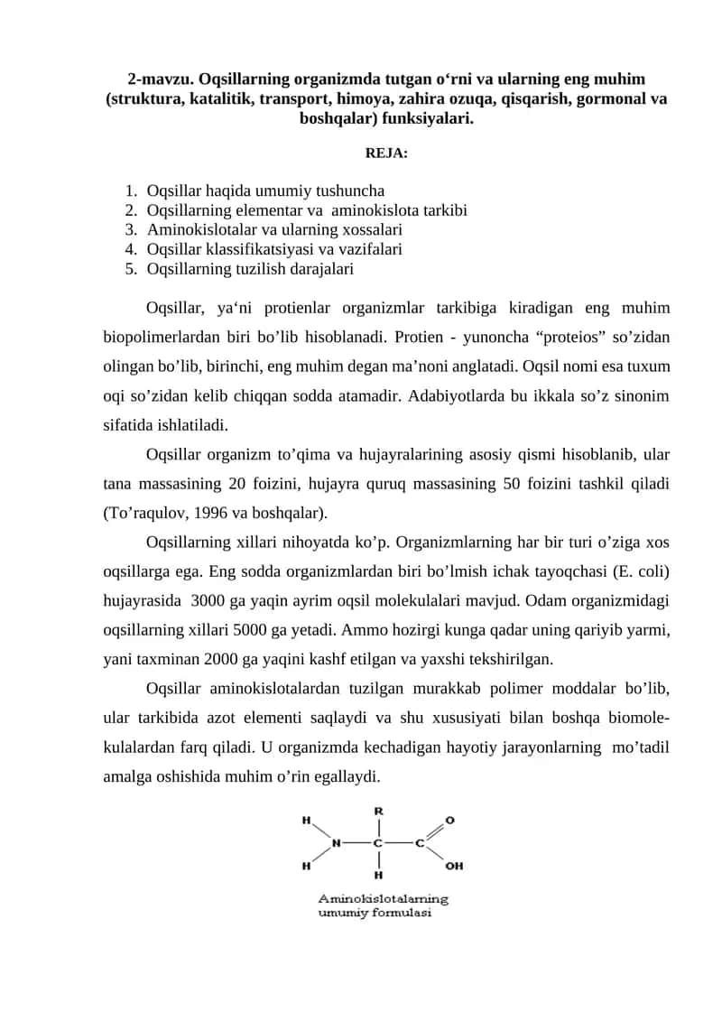 Oqsillarning tuzilishi va vazifalari