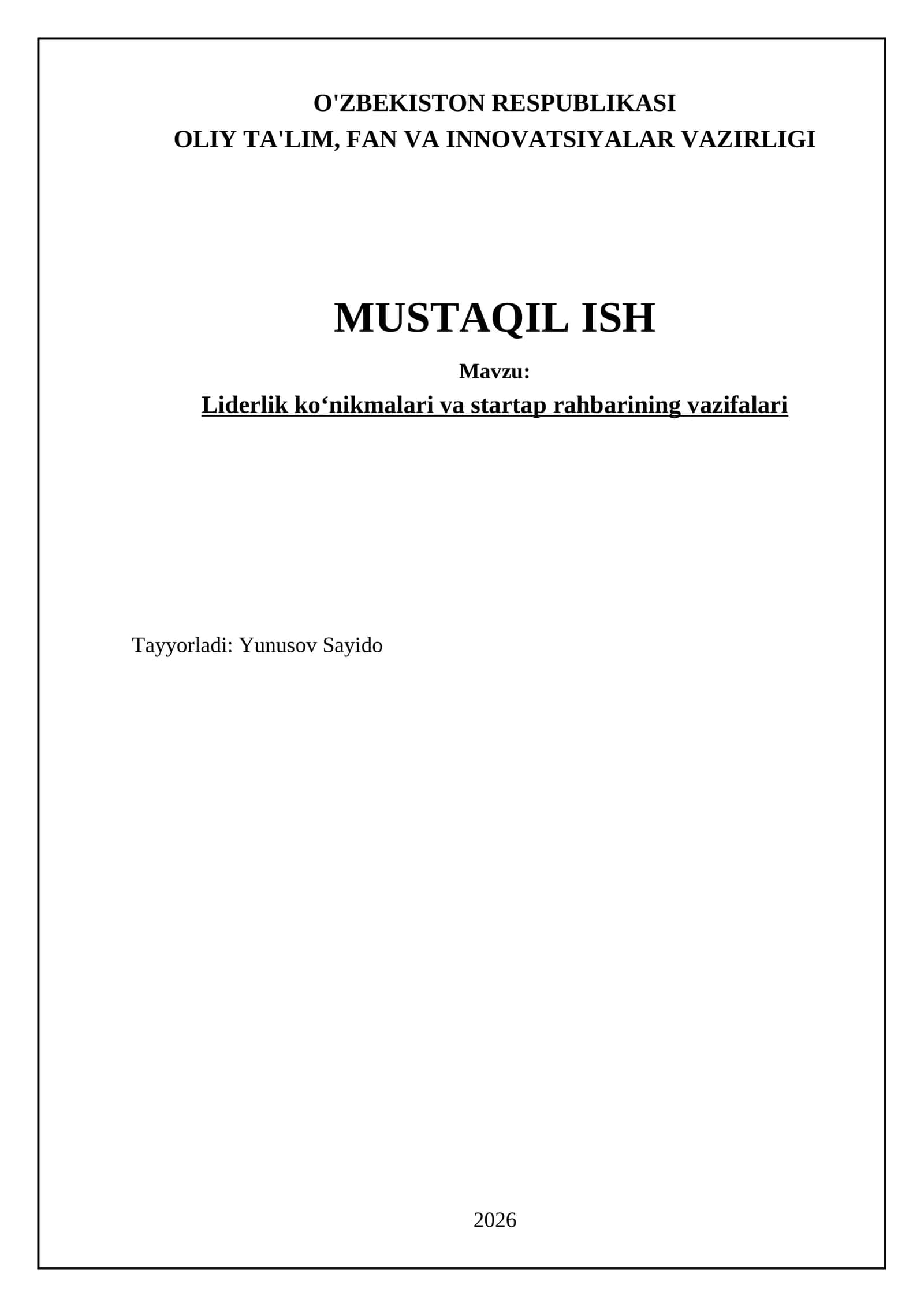 Liderlik ko‘nikmalari va startap rahbarining vazifalari