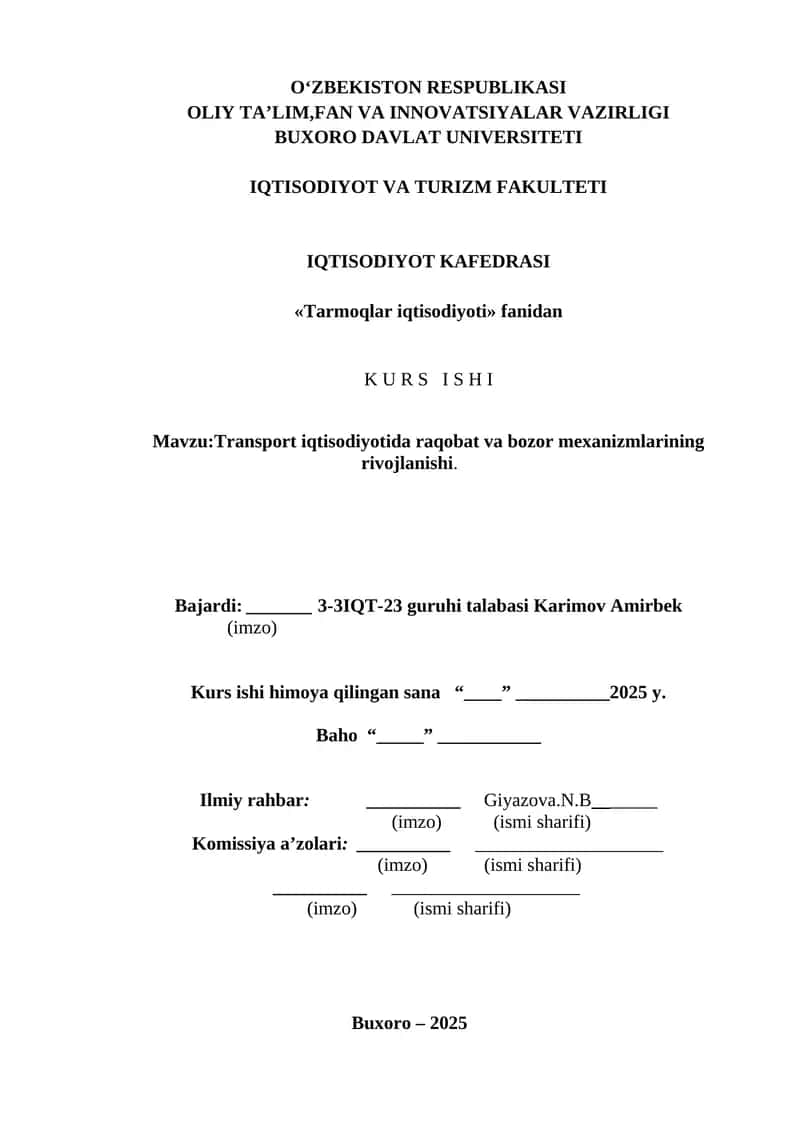 Transport iqtisodiyotida raqobat va bozor mexanizmlarining rivojlanishi