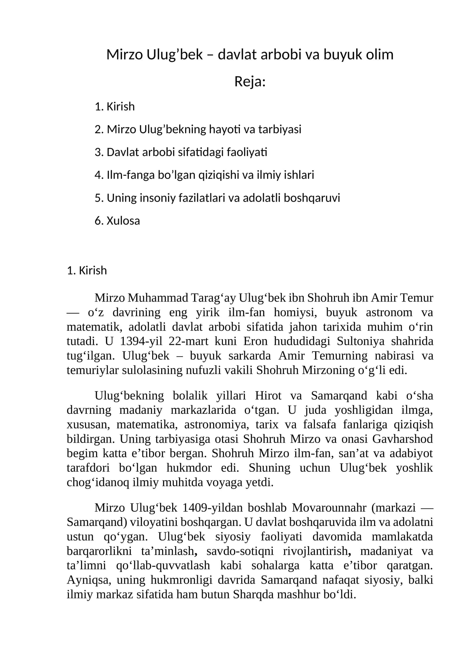 Mirzo Ulug’bekning hayoti va tarbiyasi