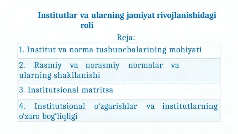 Institutlar va ularning jamiyat rivojlanishidagi roli