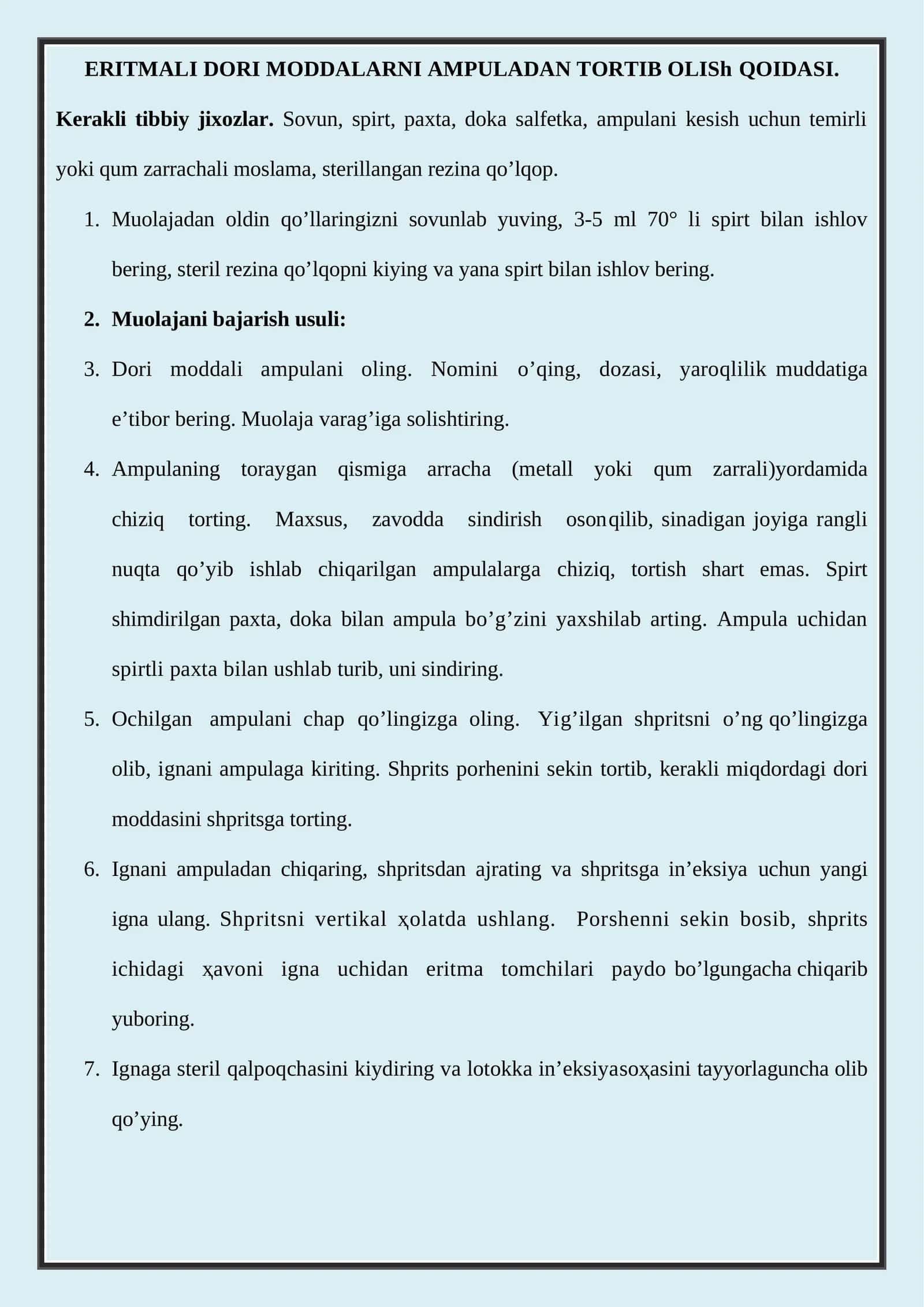 ERITMALI DORI MODDALARNI AMPULADAN TORTIB OLISh QOIDASI