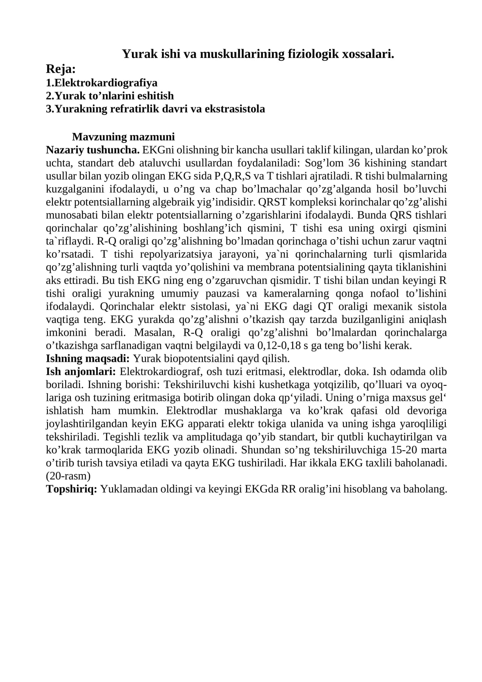 Yurak ishi va muskullarining fiziologik xossalari