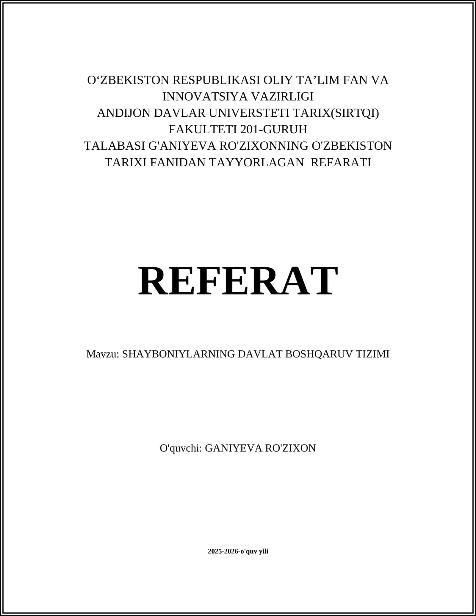 SHAYBONIYLARNING DAVLAT BOSHQARUV TIZIMI