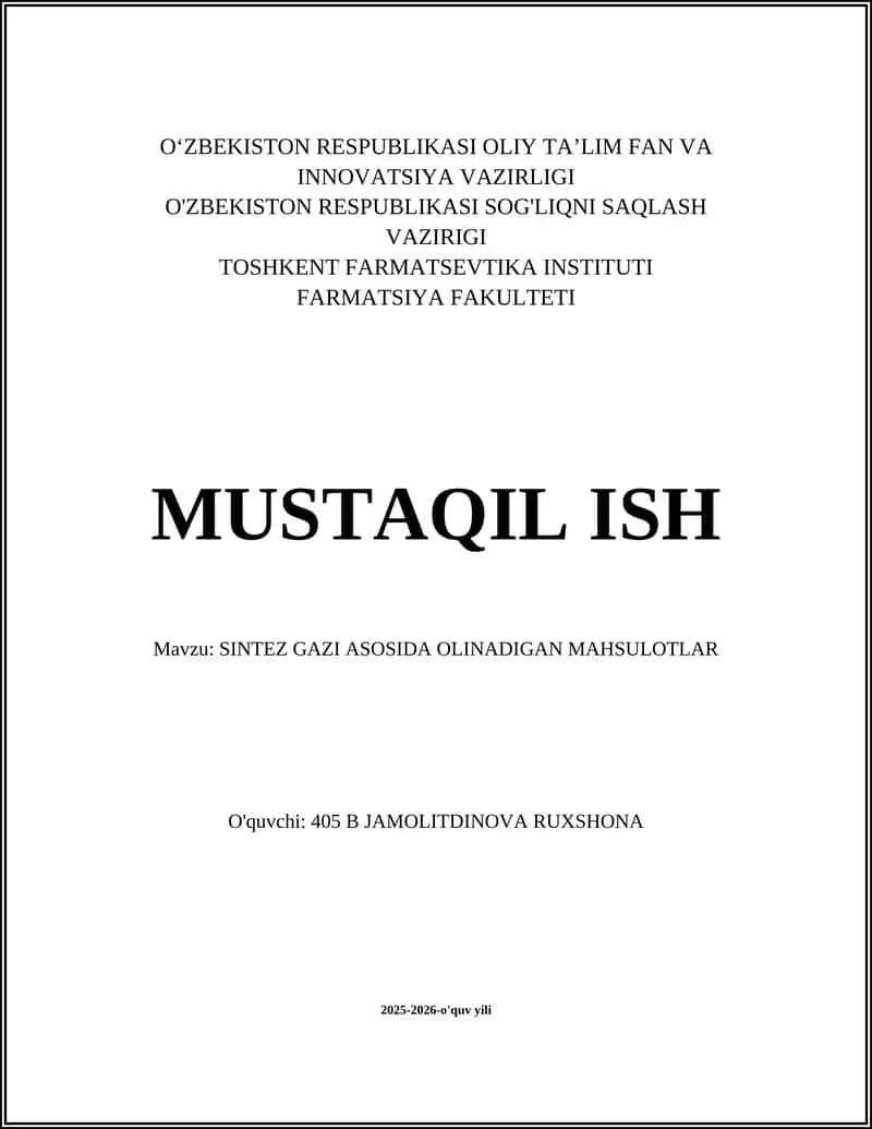 SINTEZ GAZI ASOSIDA OLINADIGAN MAHSULOTLAR