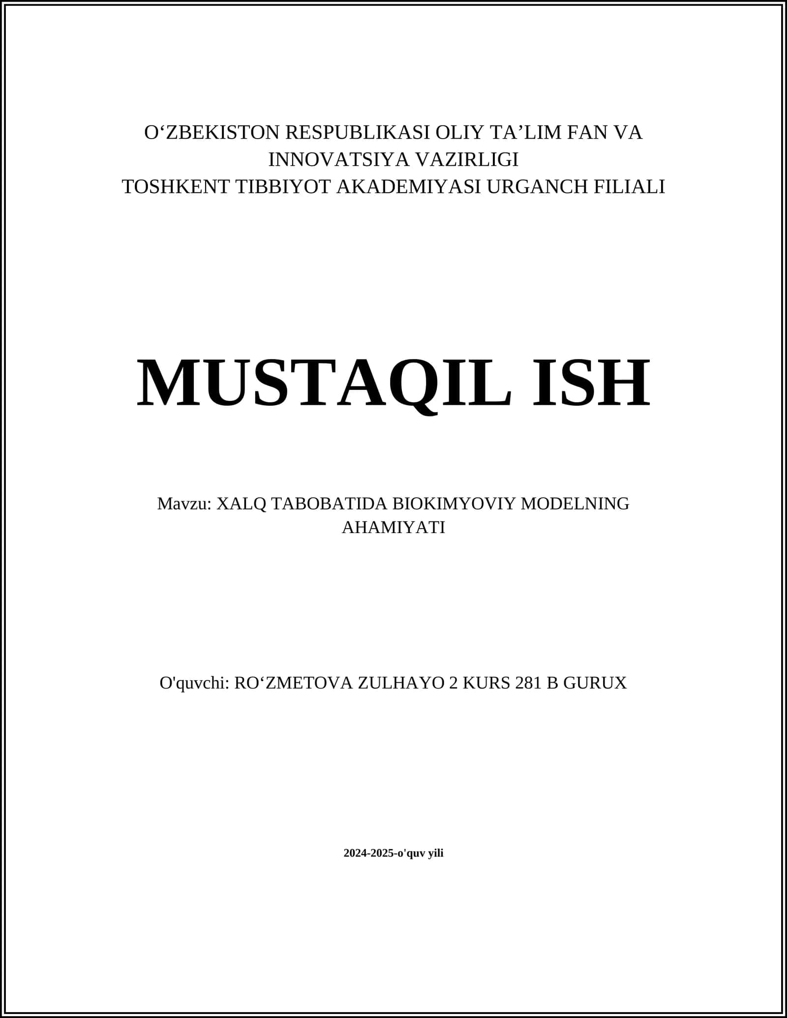 XALQ TABOBATIDA BIOKIMYOVIY MODELNING AHAMIYATI