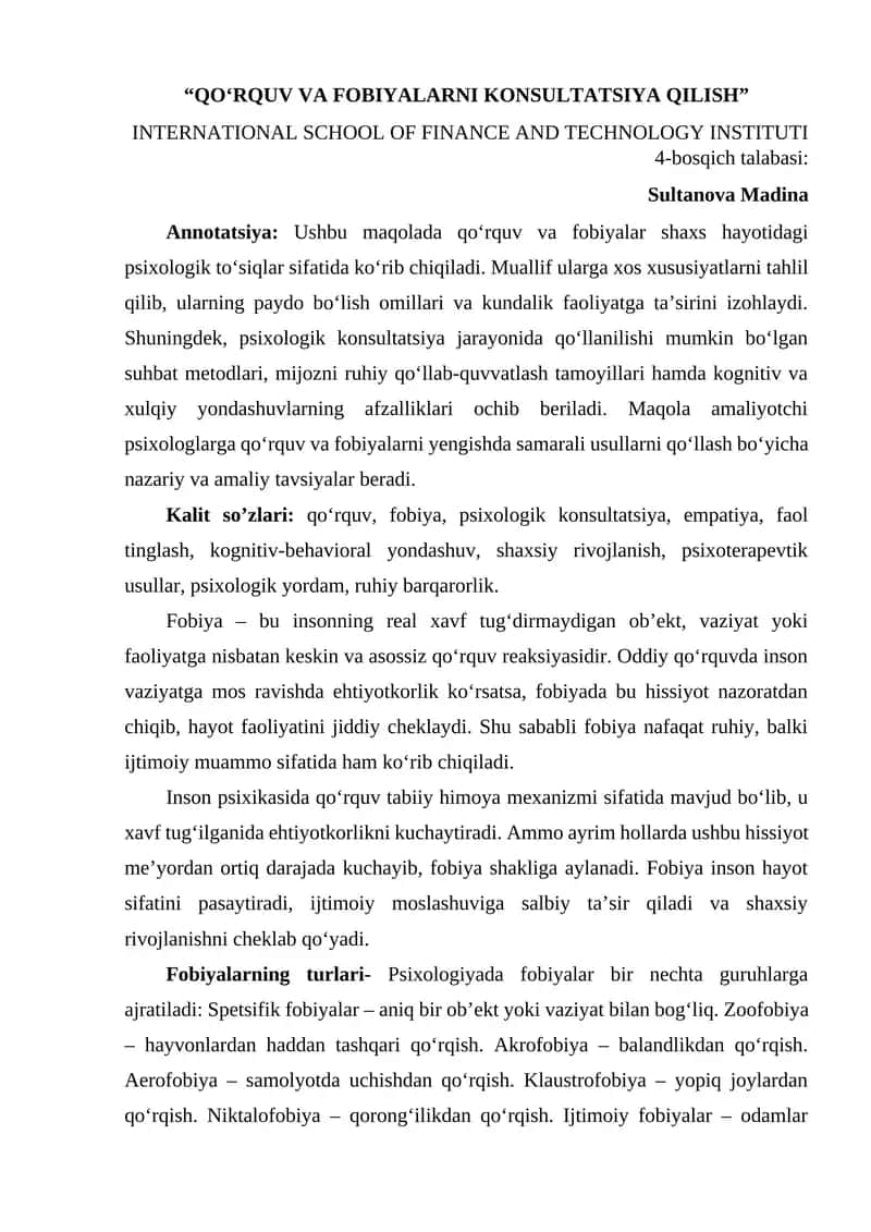 QOʻRQUV VA FOBIYALARNI KONSULTATSIYA QILISH.