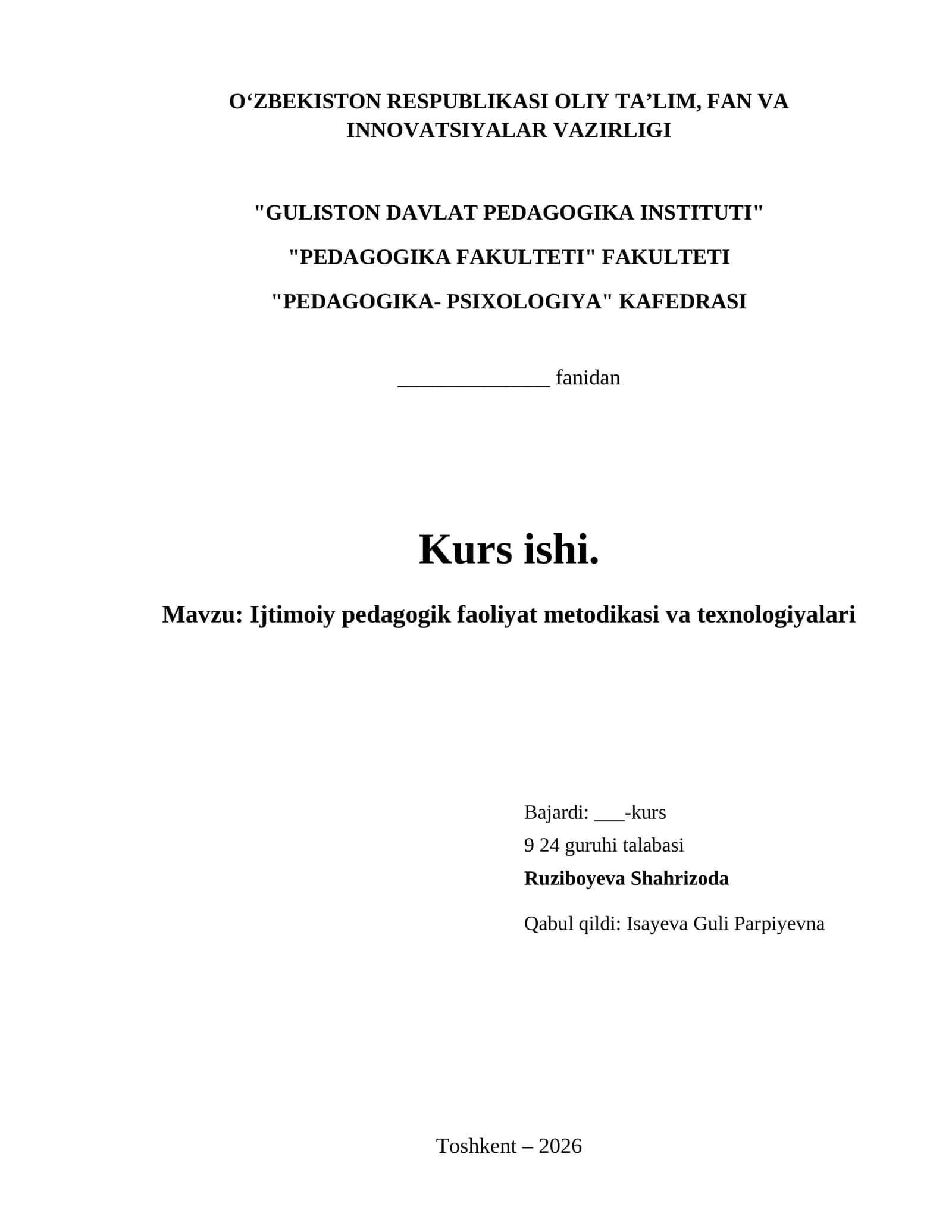 Ijtimoiy pedagogik faoliyat metodikasi va texnologiyalari