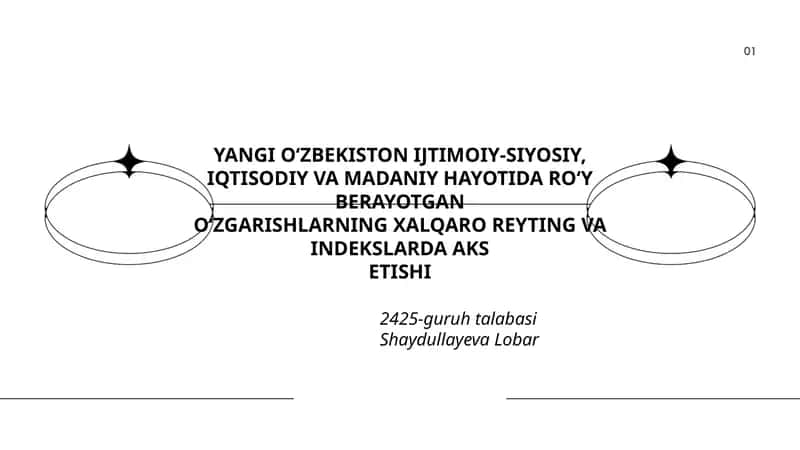 OʻZBEKISTON IJTIMOIY-SIYOSIY,IQTISODIY VA MADANIY HAYOTIDA ROʻY BERAYOTGAN OʻZGARISHLARNING XALQARO REYTING VA INDEKSLARDA AKS ETISHI 2425-guruh talabasi