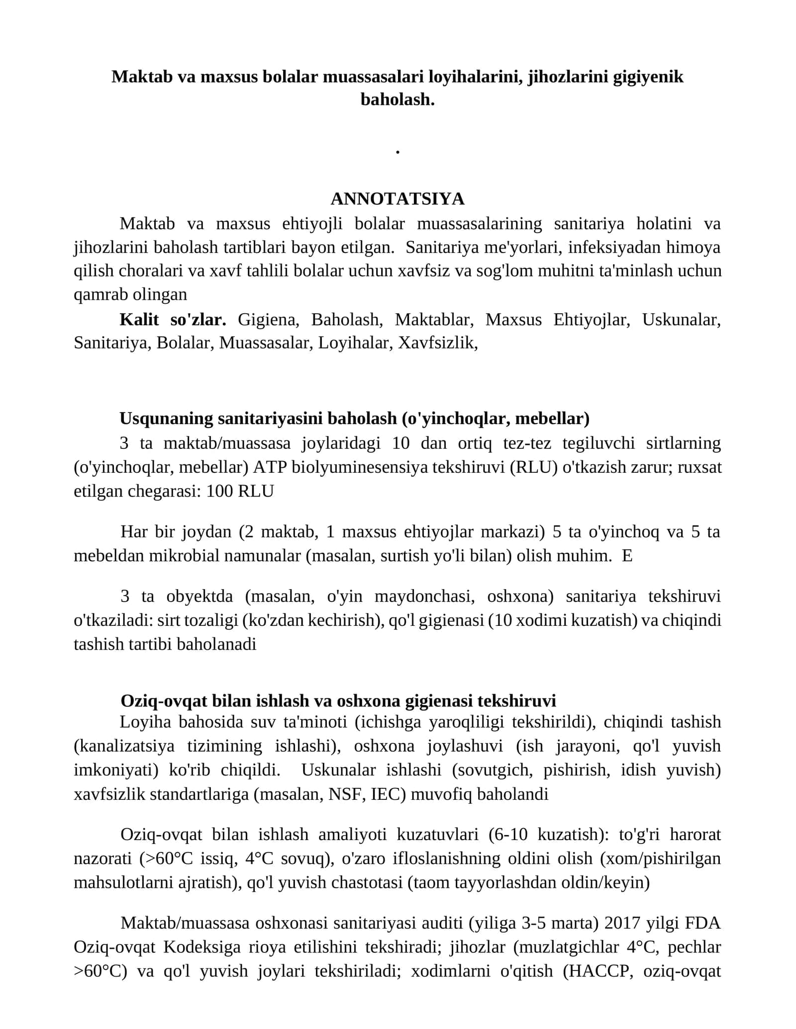 Sanitariya holatini va jihozlarini gigiyenik baholash