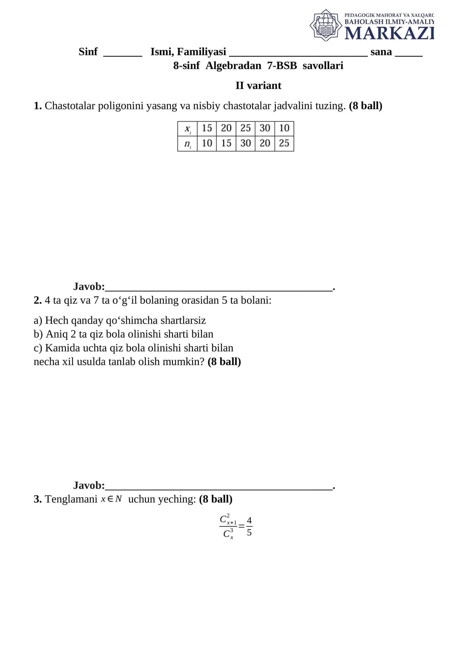 8-sinf Algebradan 7-BSB savollari