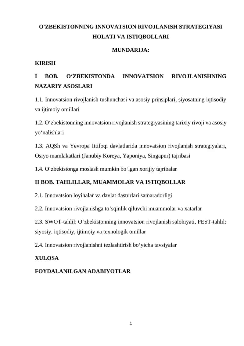 O'ZBEKISTONNING INNOVATSION RIVOJLANISH STRATEGIYASI HOLATI VA ISTIQBOLLARI
