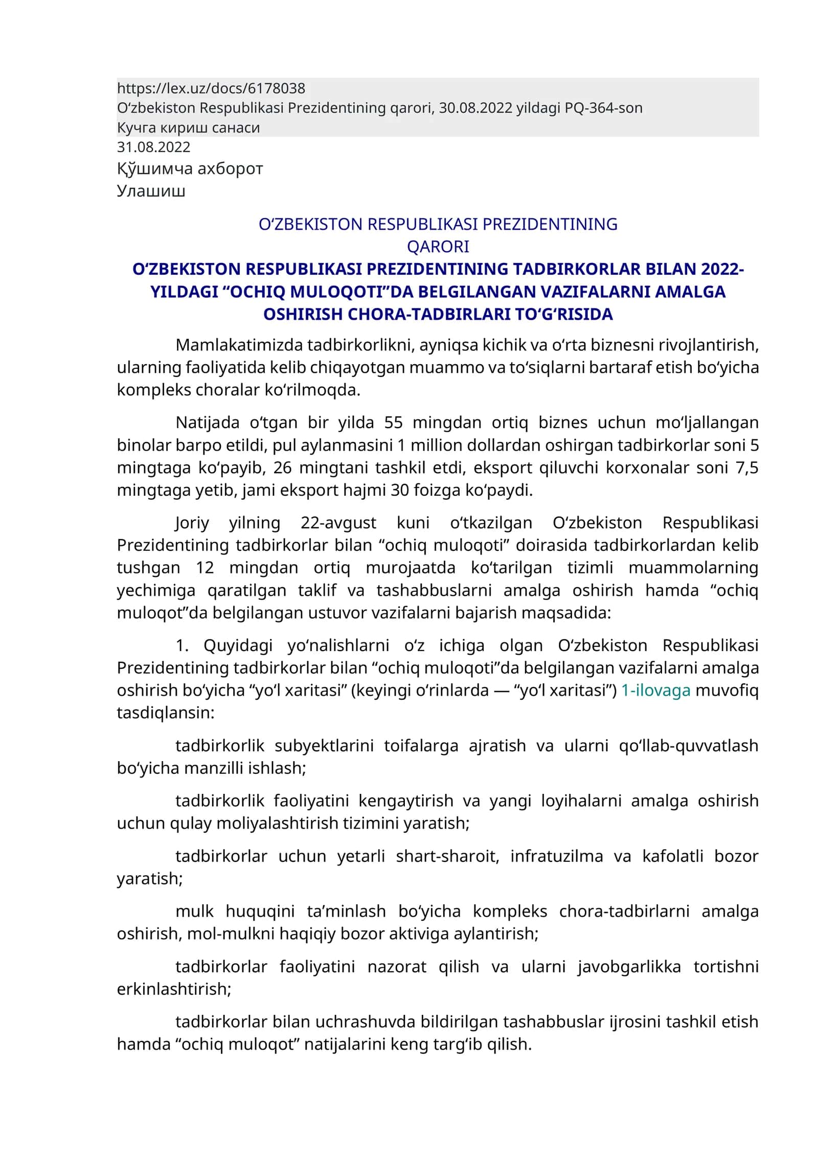 O‘ZBEKISTON RESPUBLIKASI PREZIDENTINING TADBIRKORLAR BILAN 2022-YILDAGI “OCHIQ MULOQOTI”DA BELGILANGAN VAZIFALARNI AMALGA OSHIRISH CHORA-TADBIRLARI TO‘G‘RISIDA