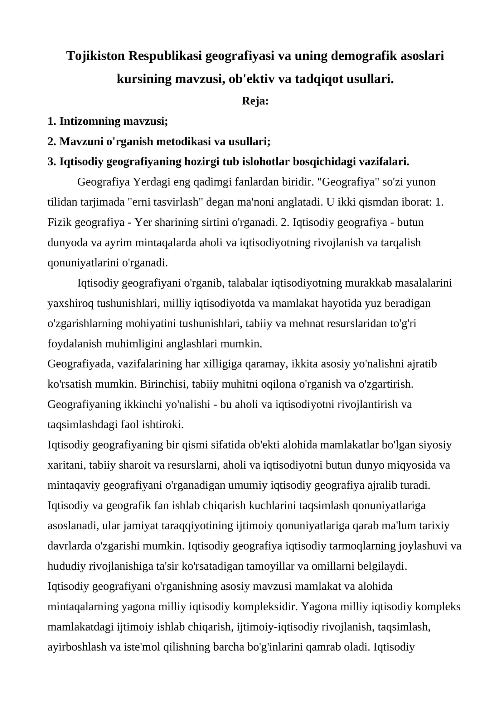 Tojikiston Respublikasi geografiyasi va uning demografik asoslari kursi