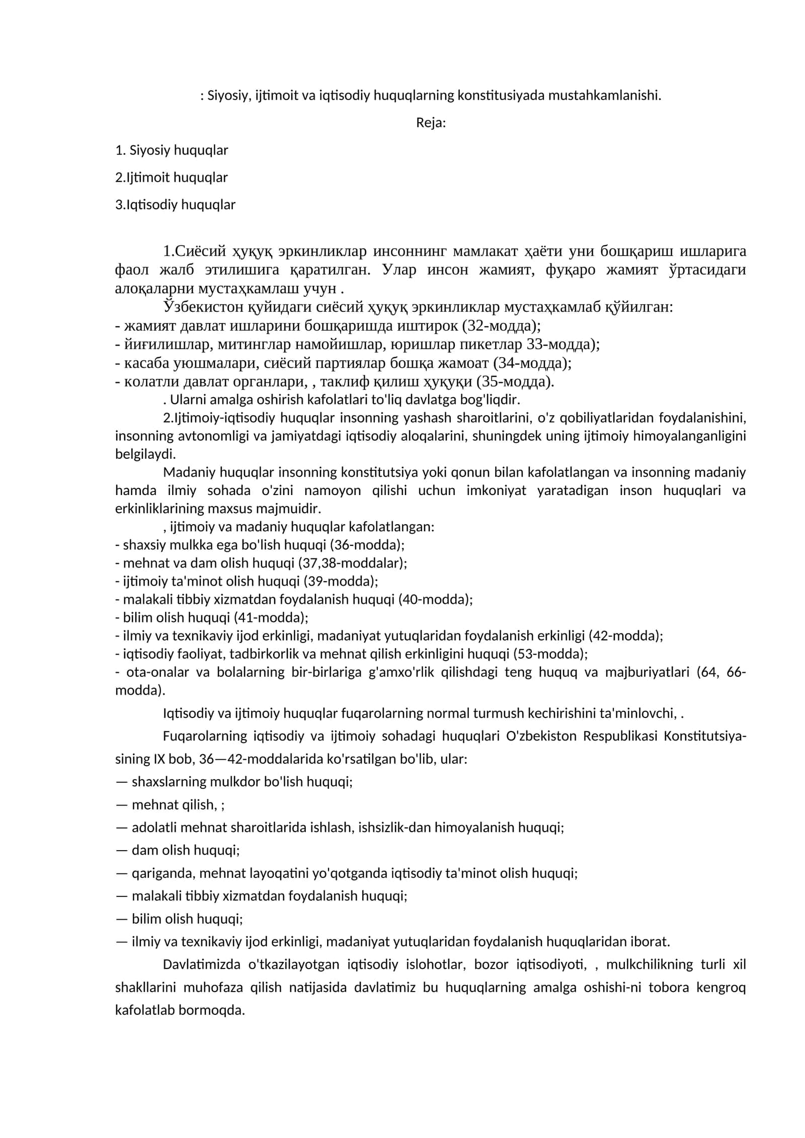 Siyosiy, ijtimoit va iqtisodiy huquqlarning konstitusiyada mustahkamlanishi