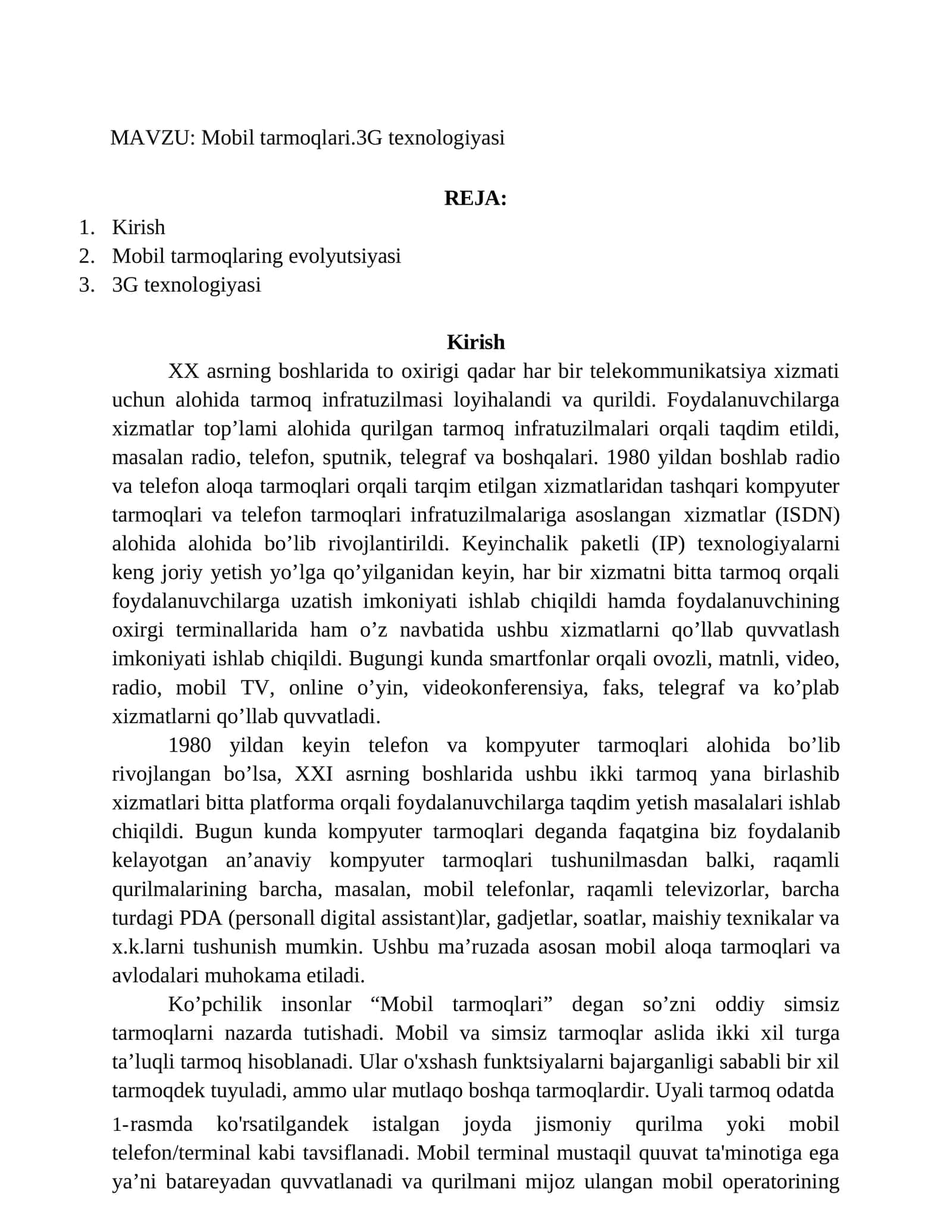 Mobil tarmoqlari.3G texnologiyasi