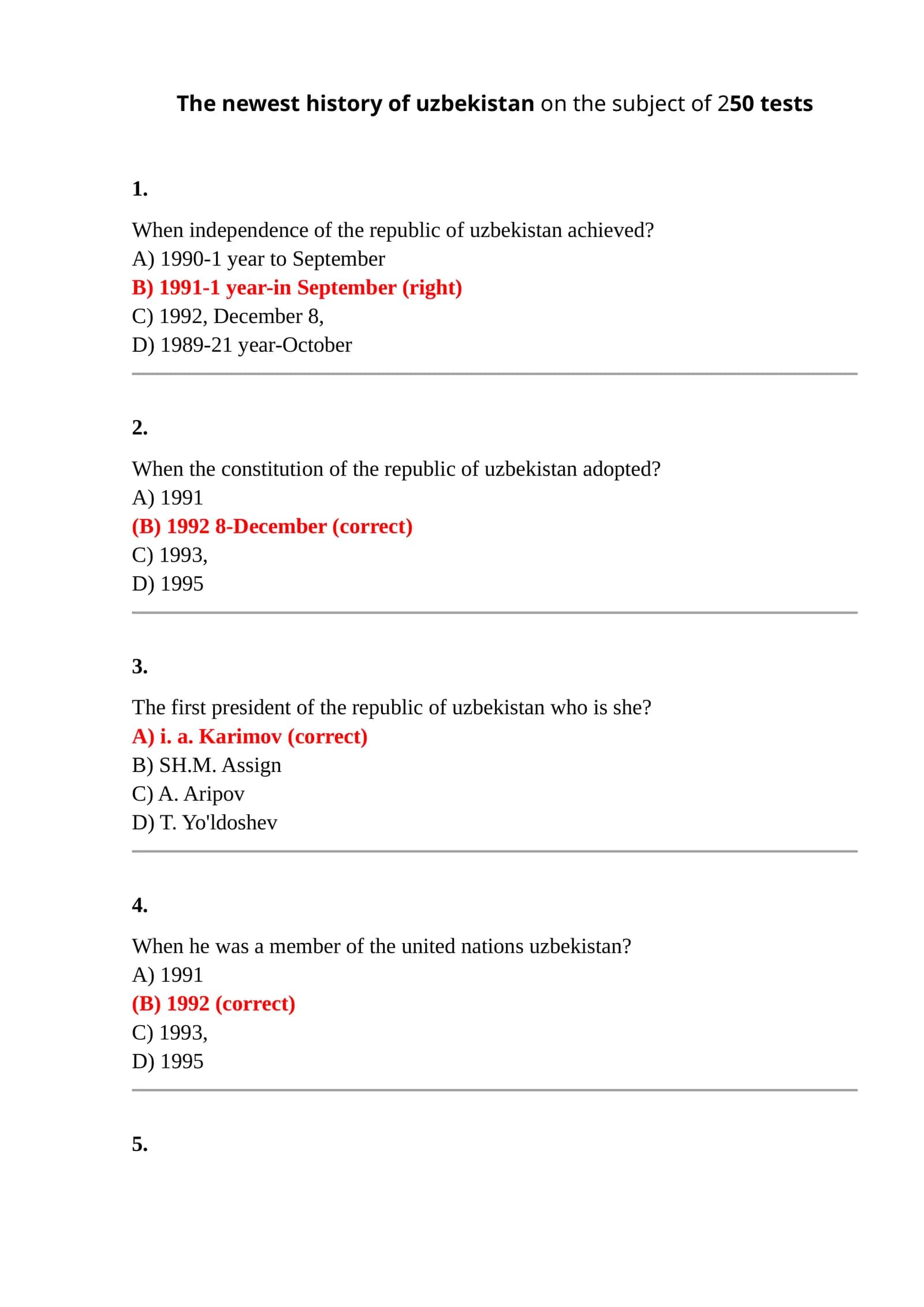 Test of knowledge of the history of Uzbekistan (250 tests)