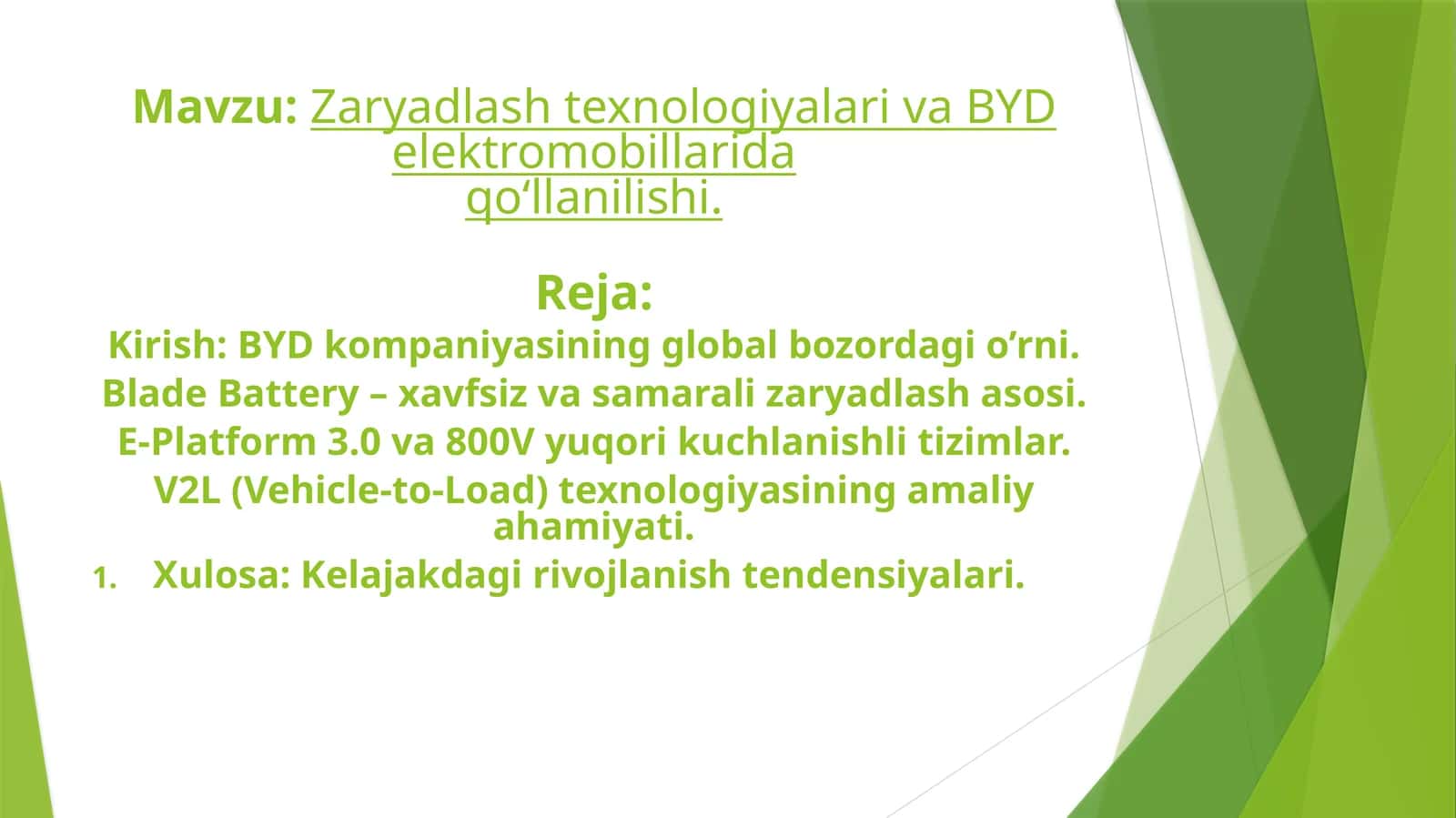 Zaryadlash texnologiyalari va BYD elektromobillarida qo‘llanilishi.