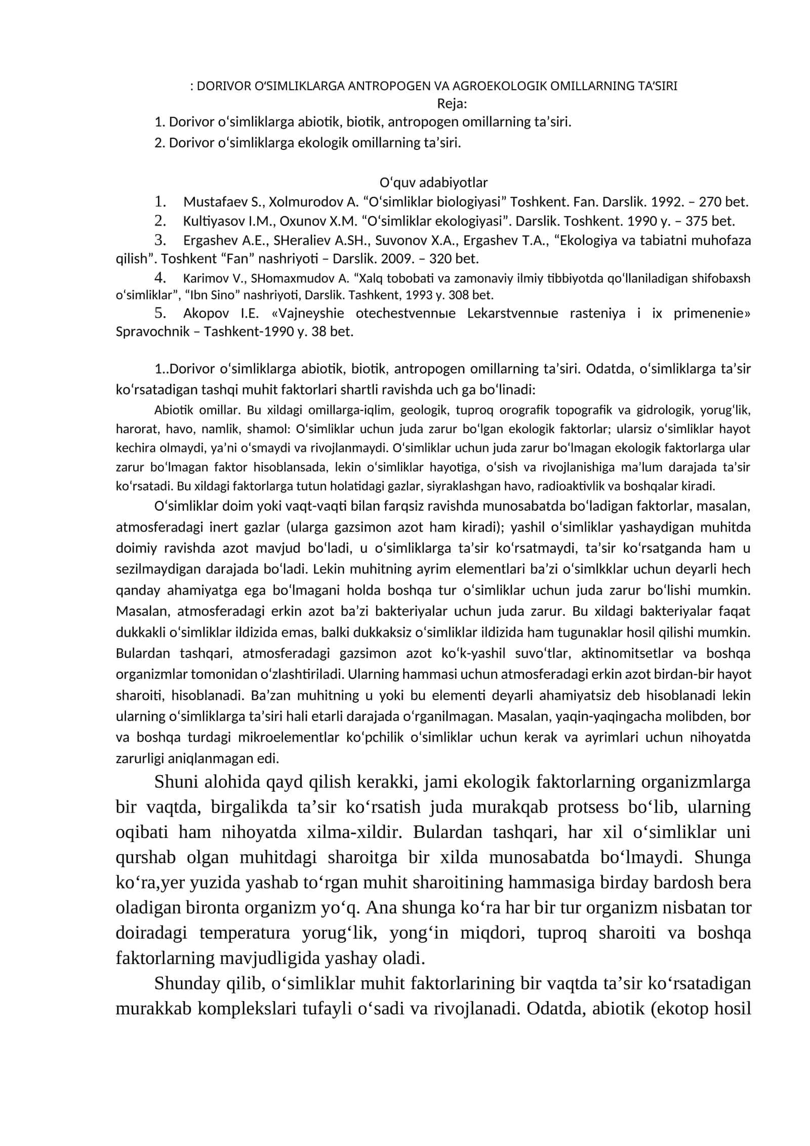 DORIVOR O‘SIMLIKLARGA ANTROPOGEN VA AGROEKOLOGIK OMILLARNING TA’SIRI